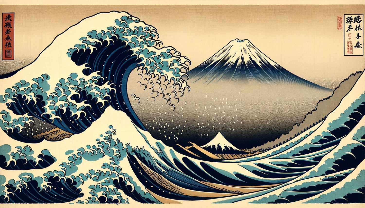 Estampe ukiyo-e de Hokusai, vague stylisée en bleu de Prusse, composition asymétrique dynamique, période Edo 19ème siècle