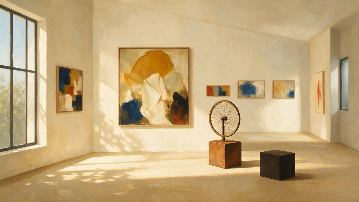 Une salle d'exposition lumineuse et vide où sont présentés quelques tableaux modernes et une roue de bicyclette posée sur un socle