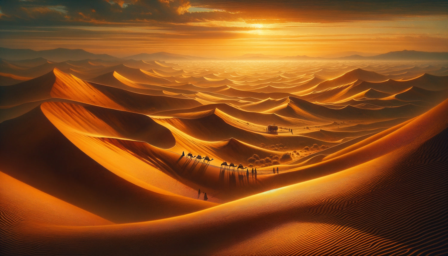 Peinture orientaliste du XIXe siècle représentant les dunes dorées du Sahara avec caravane, style académique romantique