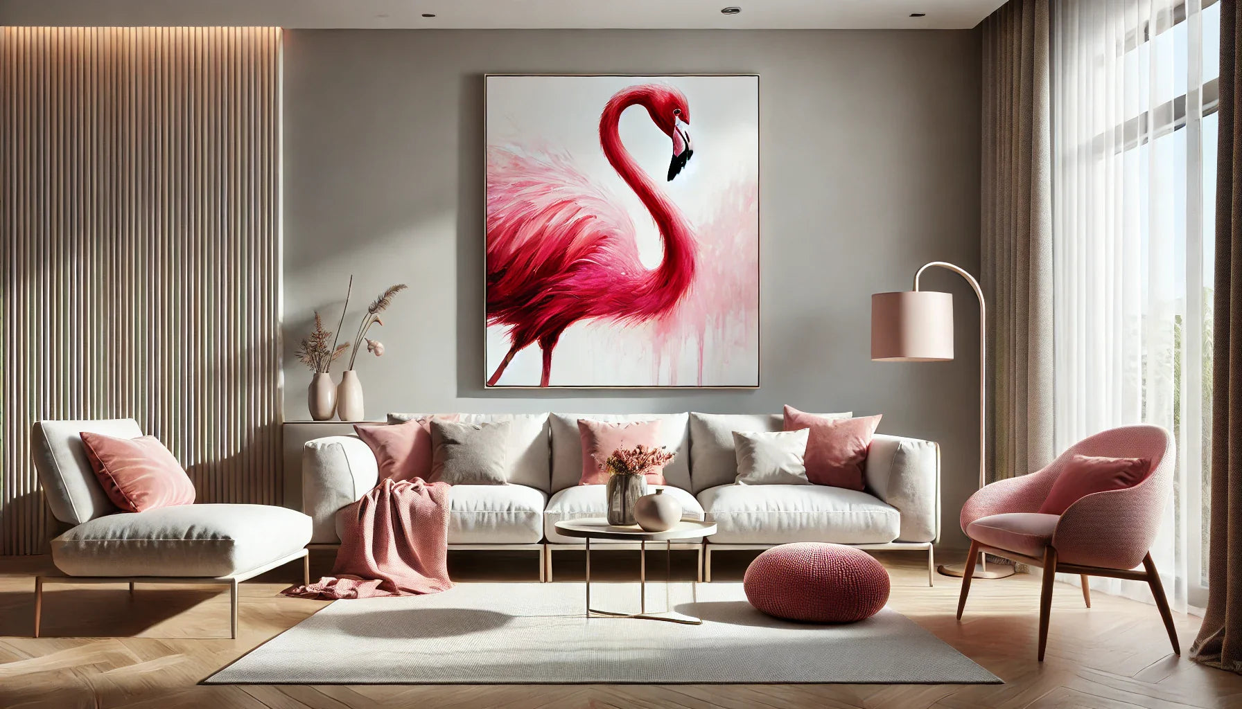 Salon moderne avec un tableau flamant rose vibrant mis en valeur par un éclairage doux. Le tableau, accompagné de meubles design et d’accessoires minimalistes, crée une ambiance élégante et dynamique, parfait pour une décoration moderne