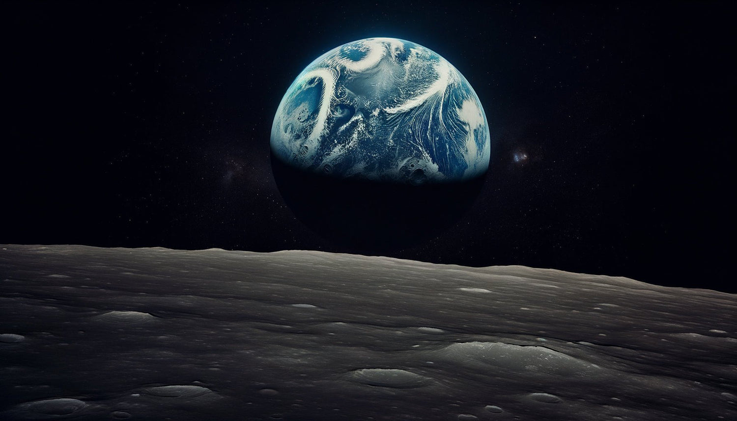 Recréation de la photographie Earthrise 1968 montrant la Terre s'élevant au-dessus de l'horizon lunaire gris