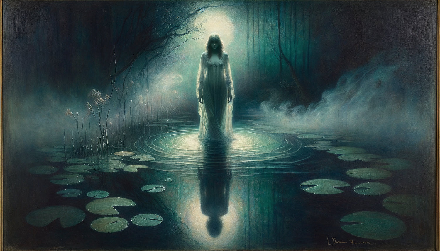 Peinture symboliste fin 19ème siècle représentant l'eau comme métaphore de l'inconscient, figure féminine contemplant son reflet déformé