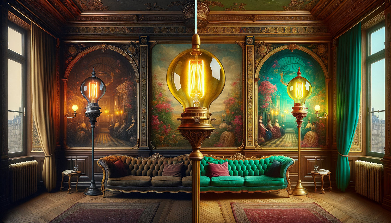 Comparaison d'un tableau mural d'hôtel Belle Époque sous éclairage au gaz sombre versus éclairage électrique révélant des couleurs vives et saturées