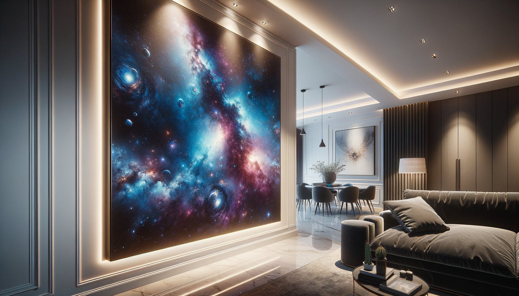 Tableau spatial cosmique avec rétroéclairage LED et spots directionnels professionnels sur mur moderne