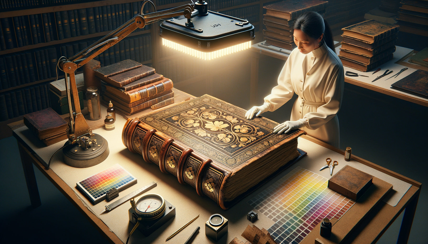 Livre ancien relié en cuir sous éclairage LED professionnel de conservation, lumière douce préservant les couleurs et reliures