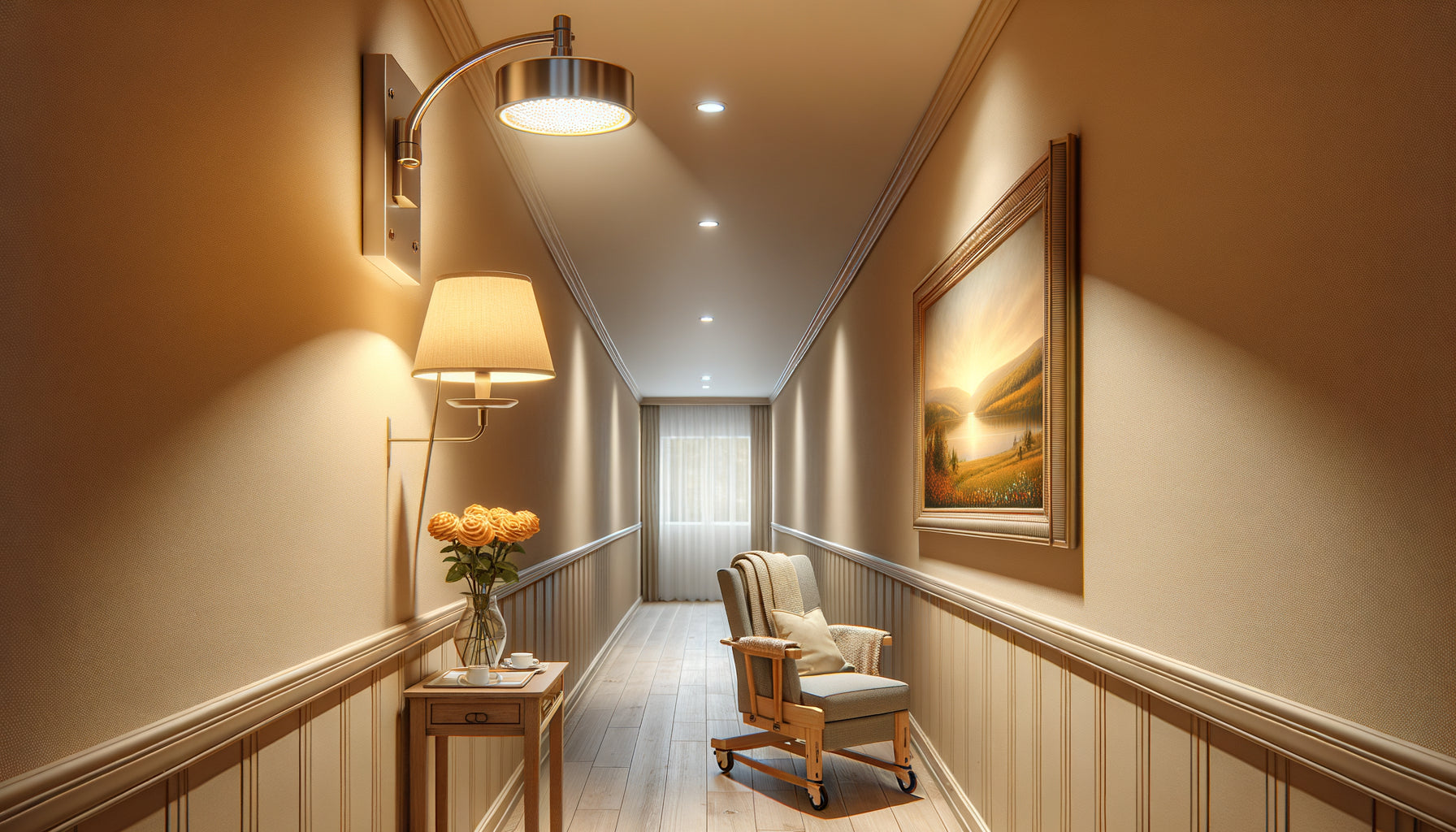 Tableau éclairé par spot LED doux dans couloir de résidence seniors avec éclairage muséal adapté aux yeux sensibles