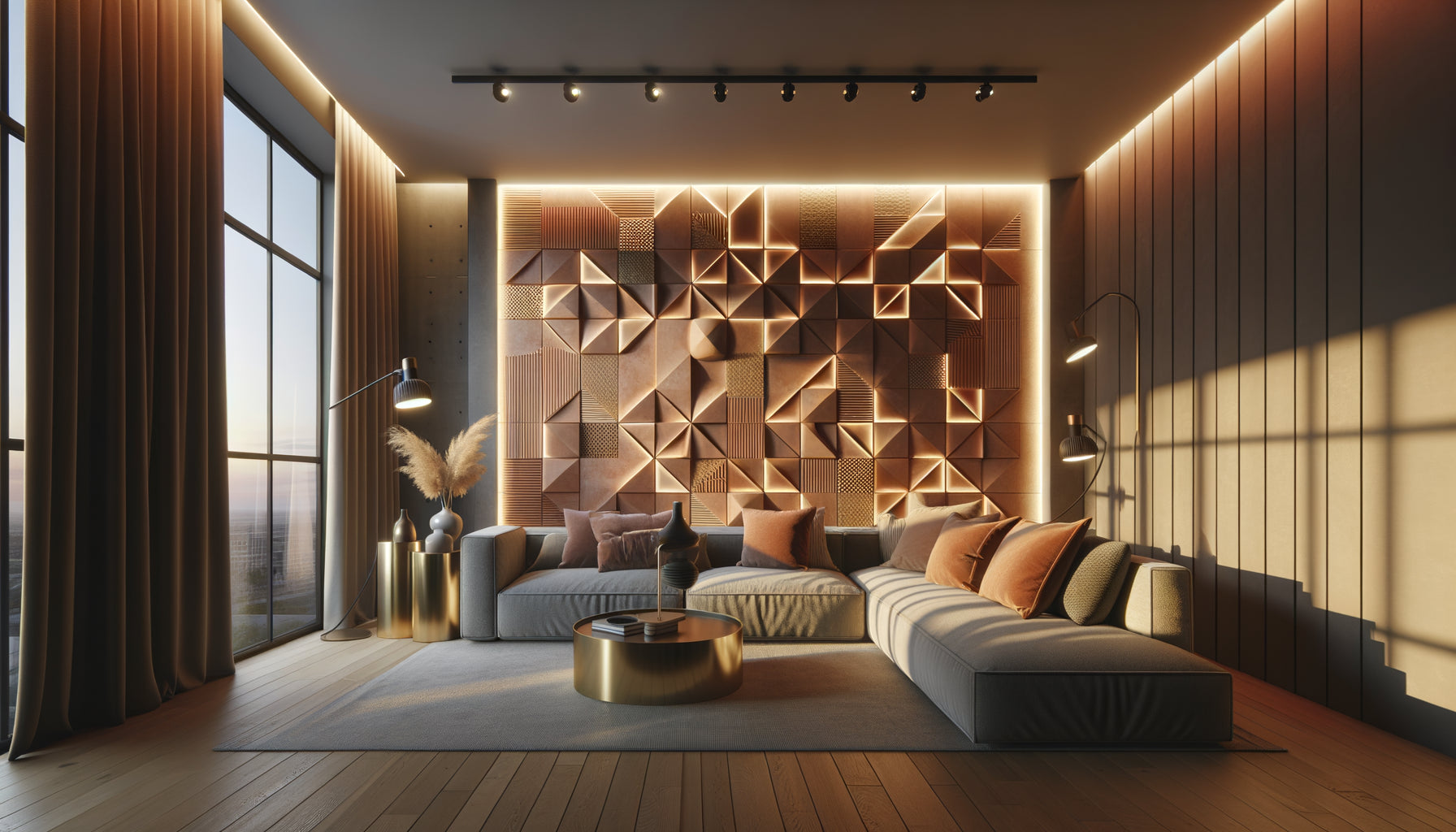 Mur décoratif texturé dans un Airbnb moderne avec éclairage architectural professionnel créant une ambiance chaleureuse