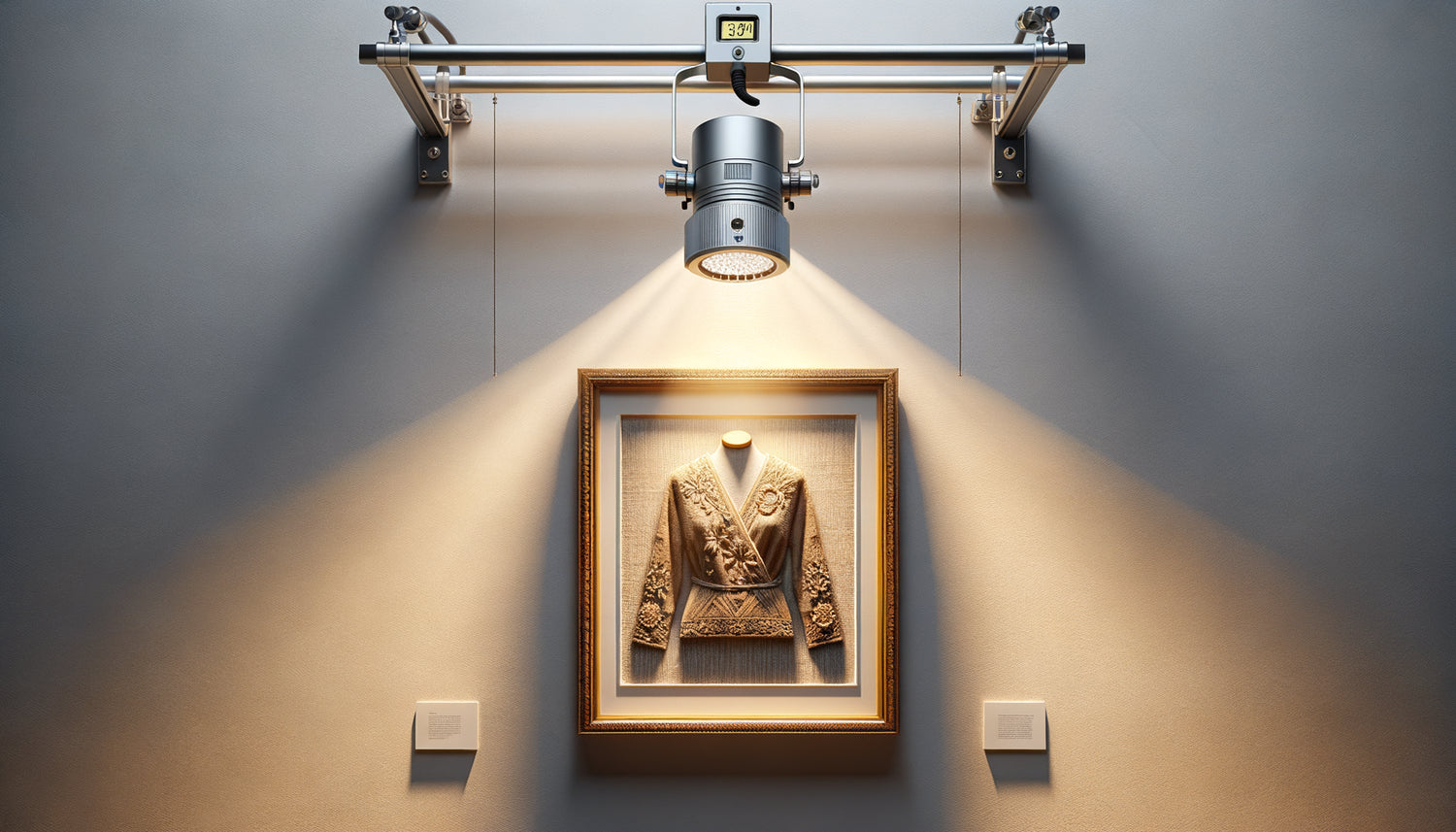 Éclairage muséal professionnel à 30° illuminant un tableau textile mode avec lumière conservation 3500K