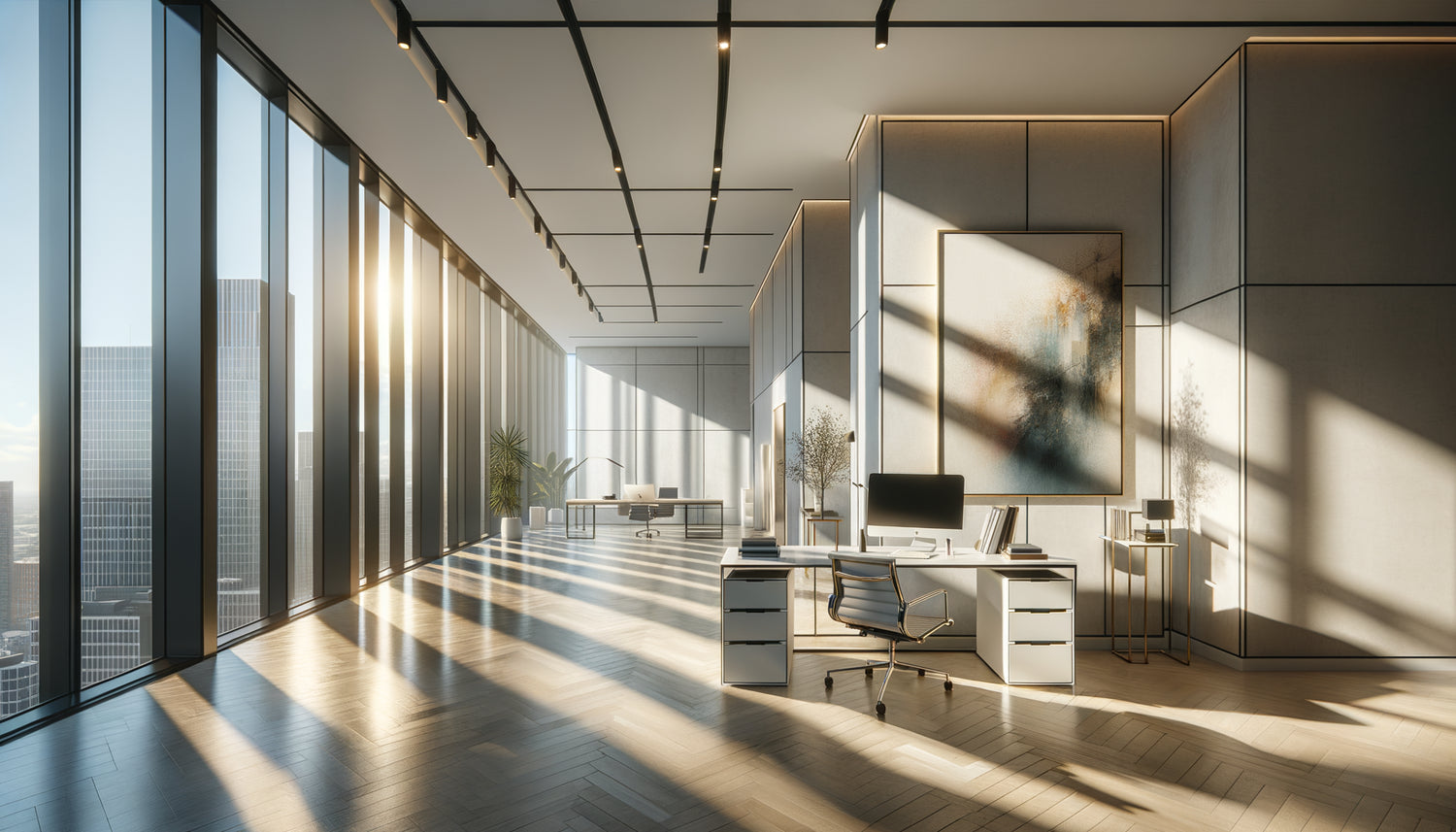 Bureau moderne avec œuvre d'art contemporaine illuminée par lumière naturelle provenant de grandes fenêtres