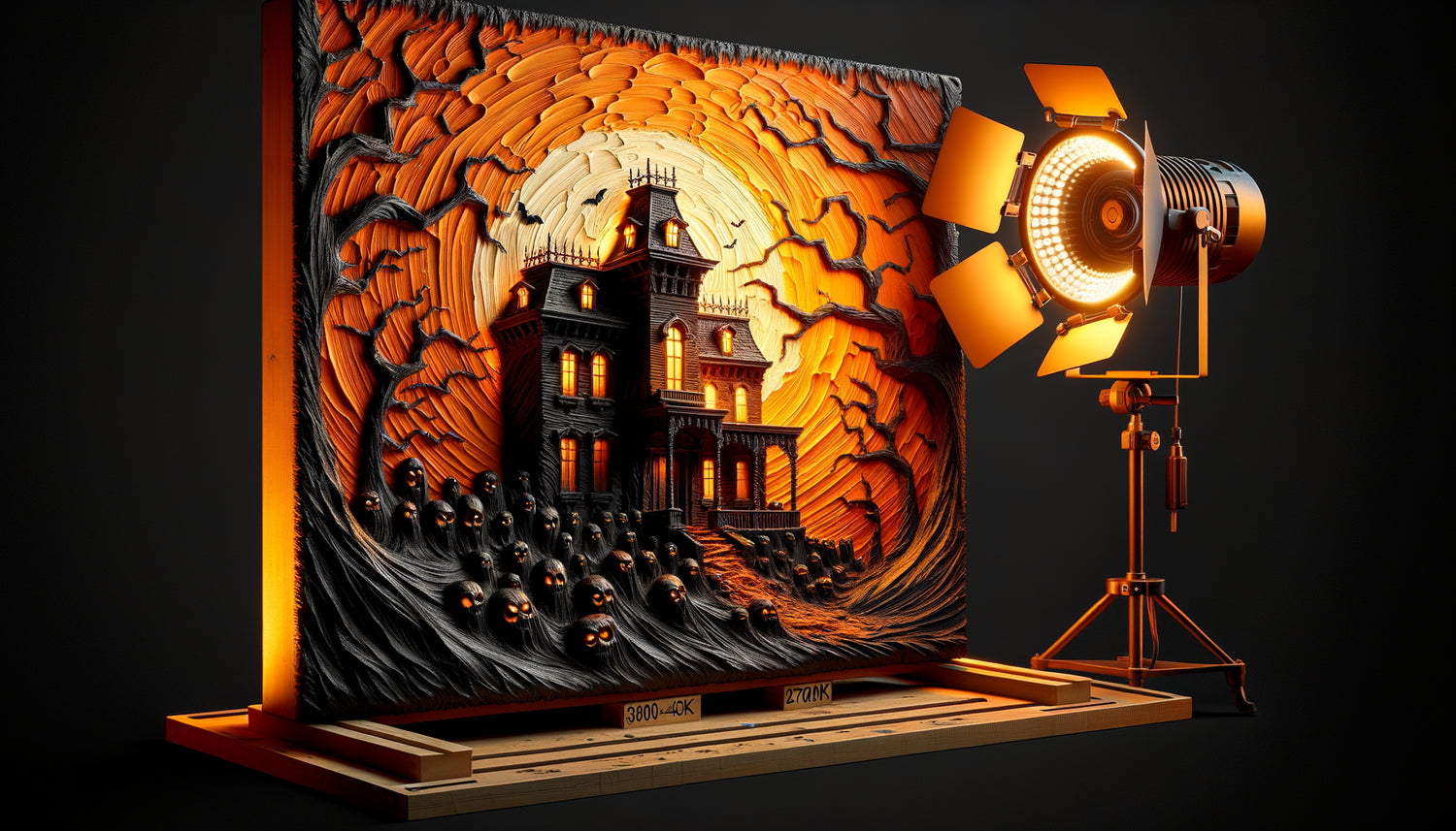 Tableau Halloween texturé éclairé par lumière rasante révélant les reliefs en technique galerie professionnelle