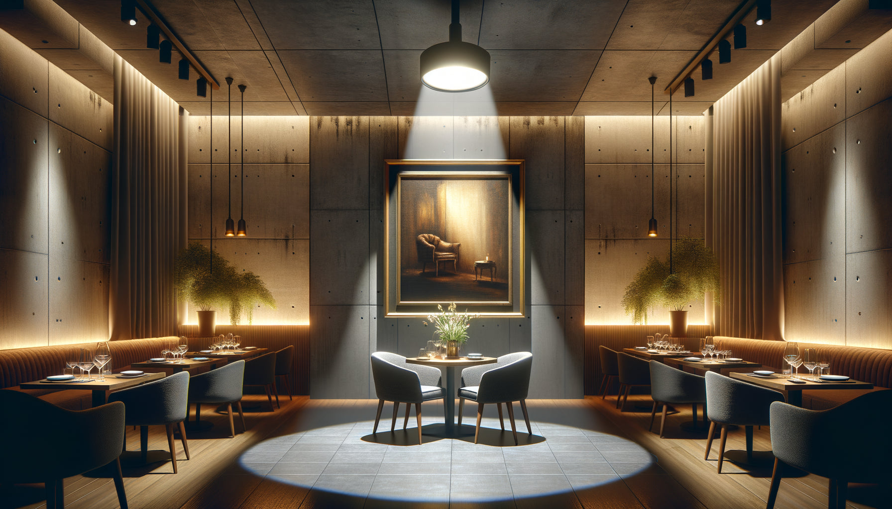 Tableau mural de restaurant mis en valeur par un éclairage ciblé discret créant une ambiance sophistiquée