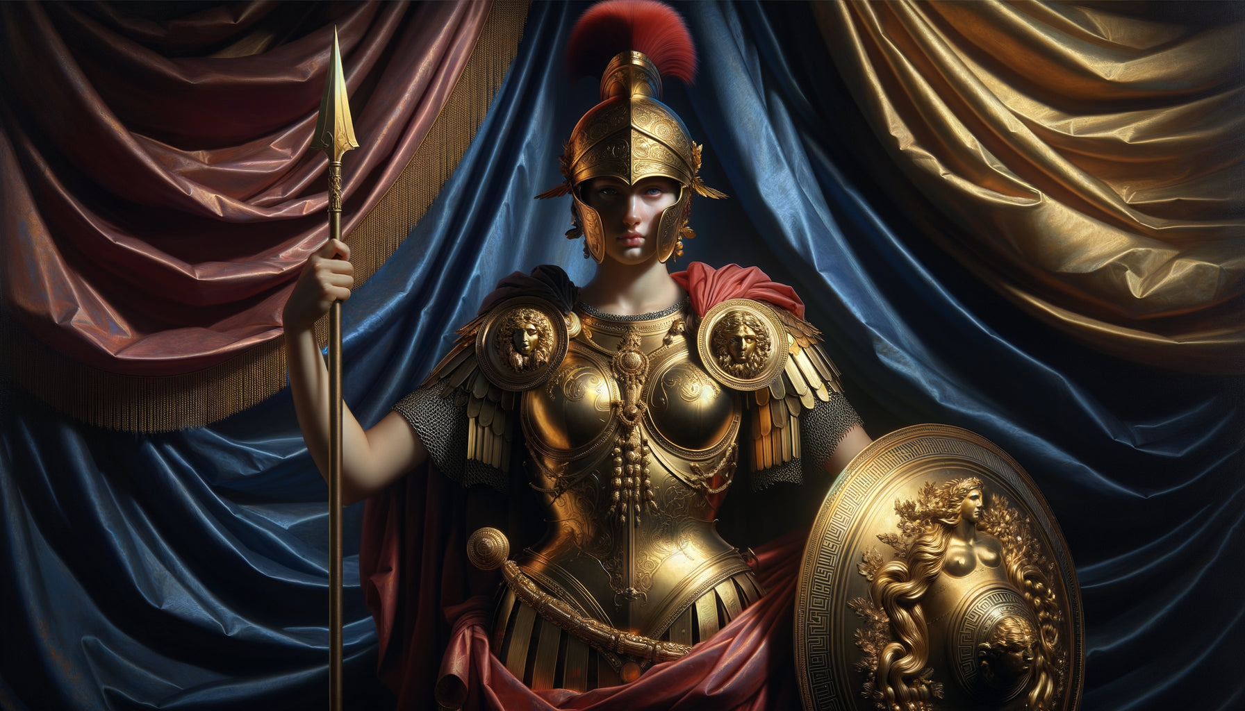 Tableau néo-classique d'Athéna en armure dorée sublimé par éclairage directionnel professionnel révélant détails métalliques