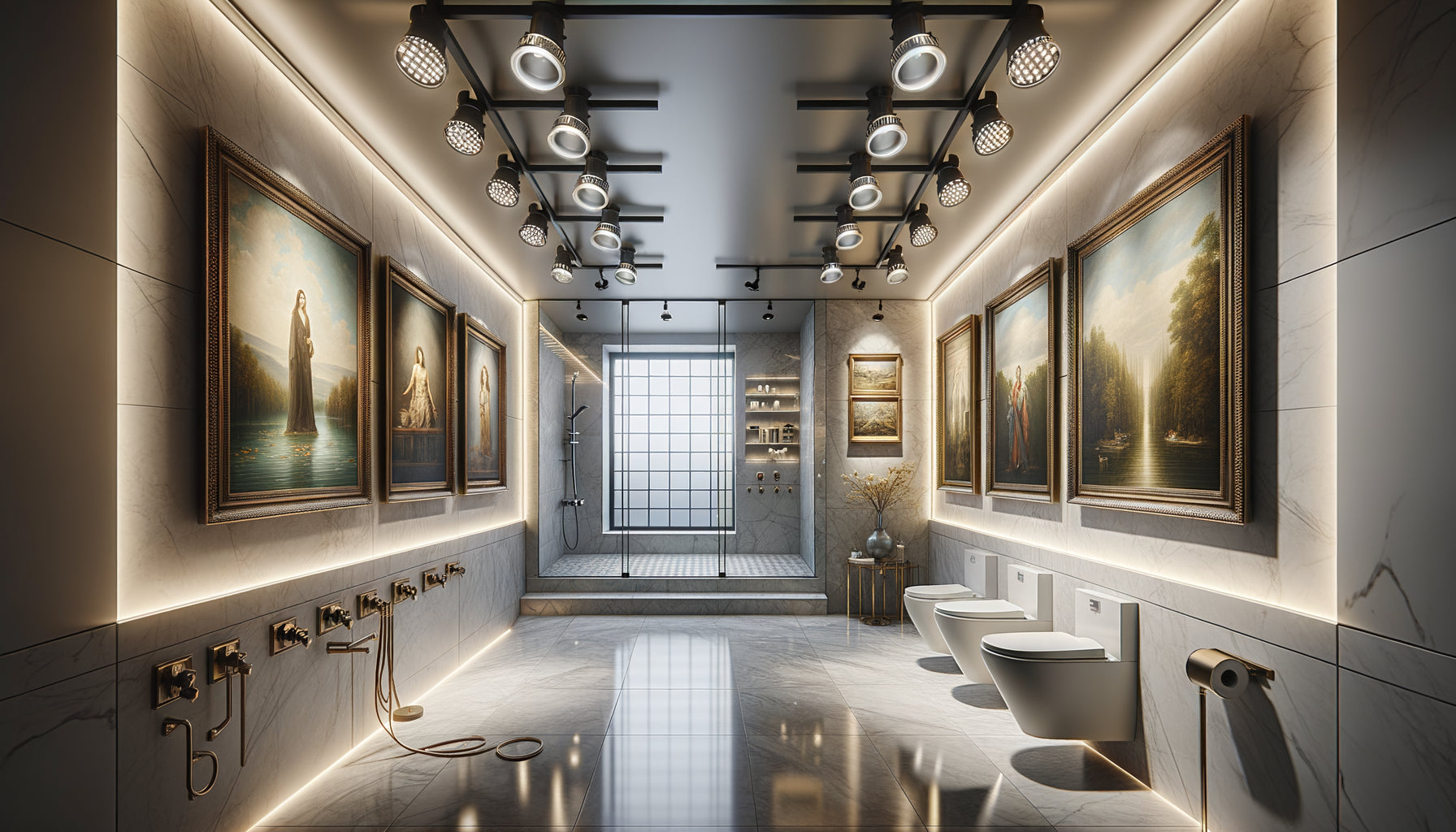 Salle de bain contemporaine avec éclairage LED professionnel pour tableaux aux normes électriques NF C 15-100