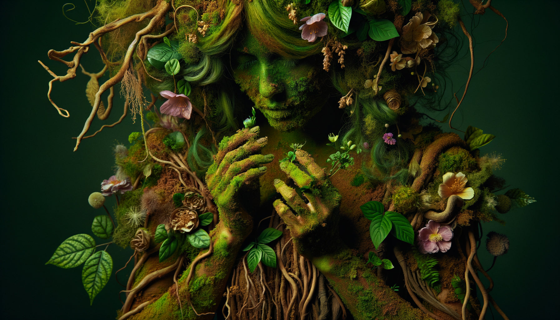 Installation d'art écoféministe contemporain fusionnant corps féminin et végétation vivante, symbolisant l'union nature-féminité