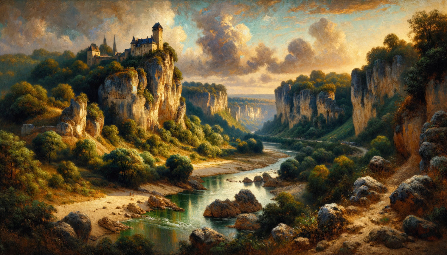 Peinture pré-impressionniste de la vallée de la Creuse, École de Crozant, paysage sauvage avec ruines médiévales, années 1880