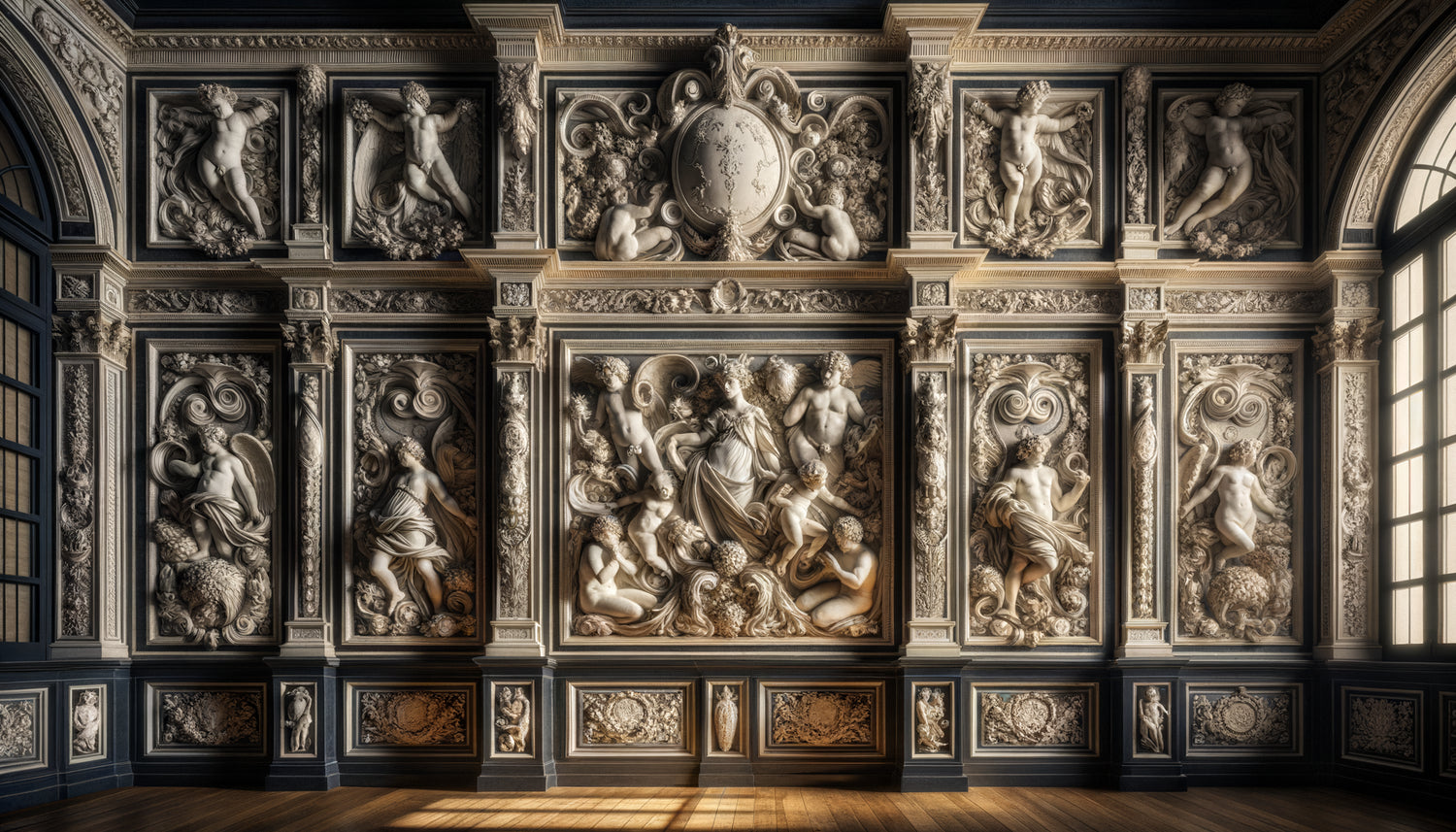 Composition murale Renaissance de l'école de Fontainebleau avec stucs blancs en relief et encadrements sombres, style maniériste XVIe siècle