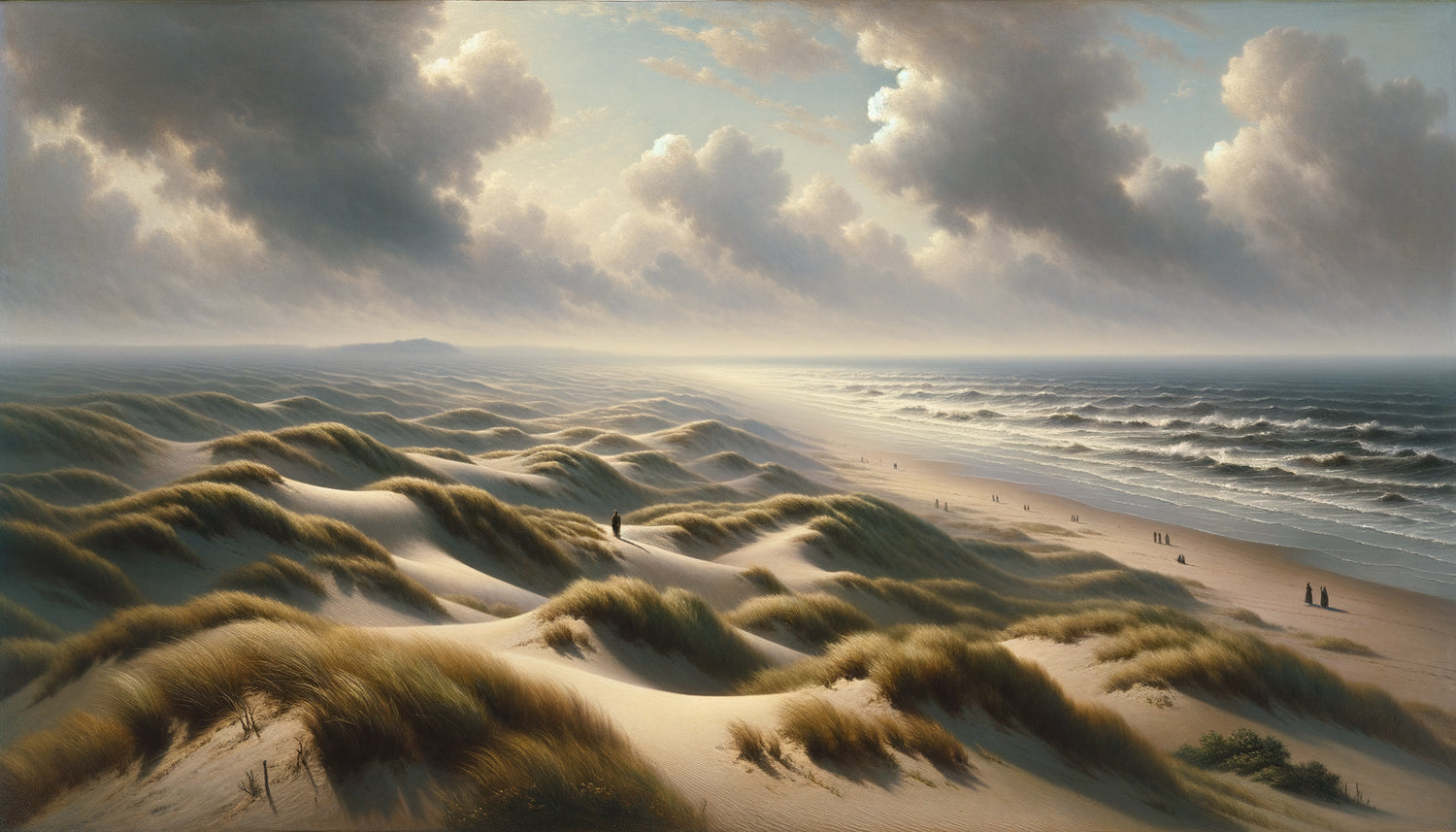 Peinture de l'École de La Haye (1870s) : dunes néerlandaises sous ciel gris infini, palette argentée et tons neutres