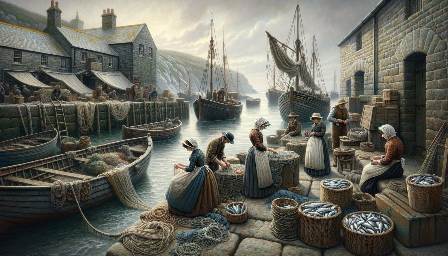 Peinture naturaliste de l'École de Newlyn années 1880, scène de pêcheurs cornouaillais sous lumière côtière argentée caractéristique