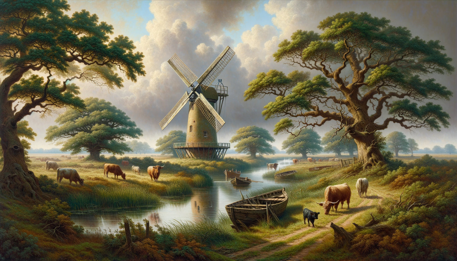 Paysage de l'East Anglia par l'École de Norwich, moulin à vent au bord d'une rivière, style naturaliste britannique début 19ème siècle