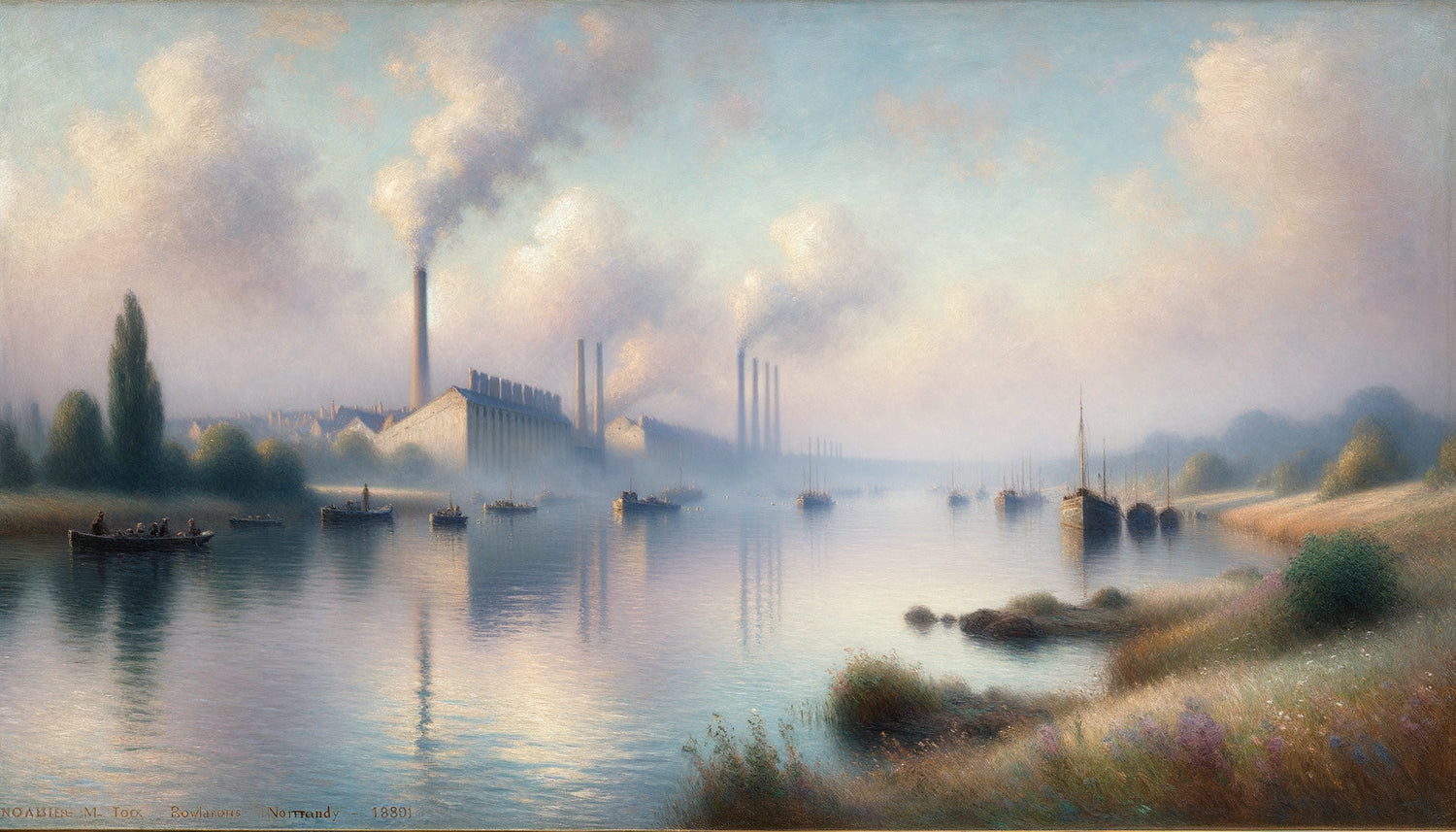 Peinture impressionniste de la Seine à Rouen, style Albert Lebourg, tonalités douces et lumière normande caractéristique de l'École de Rouen