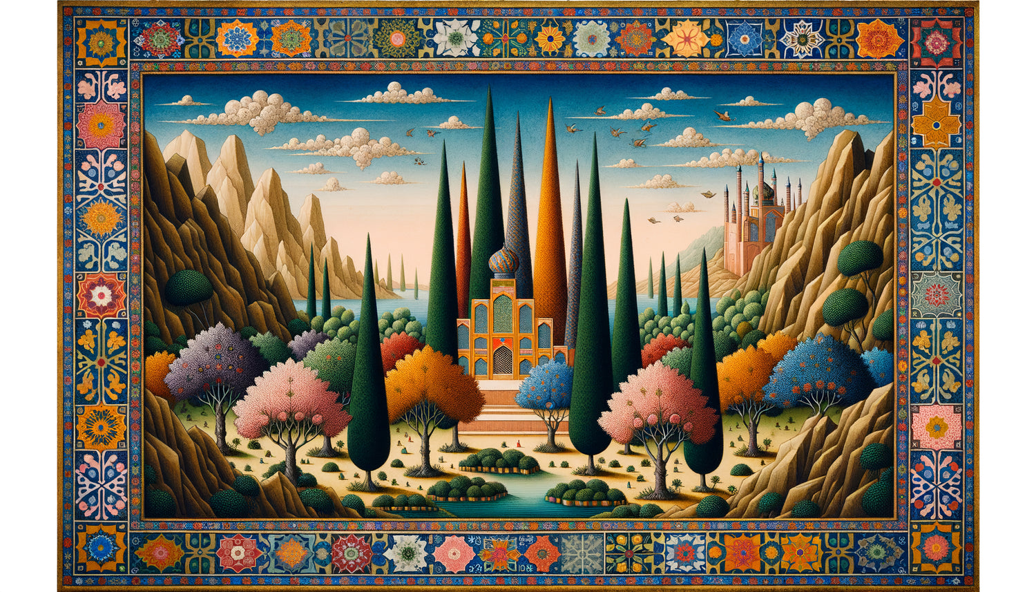 Miniature persane de l'école de Shiraz avec cyprès stylisés en flammes et rochers géométriques colorés, style XVe-XVIIe siècle