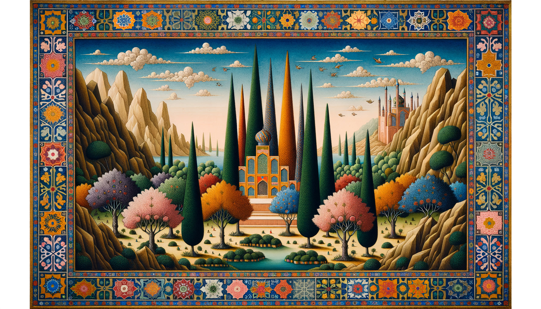 Miniature persane de l'école de Shiraz avec cyprès stylisés en flammes et rochers géométriques colorés, style XVe-XVIIe siècle