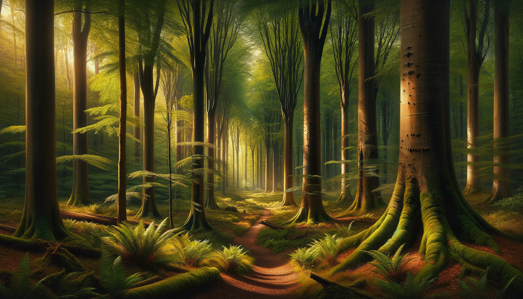 Peinture naturaliste de l'École de Tervuren représentant l'intérieur dense de la forêt de Soignes avec hêtres majestueux et lumière tamisée