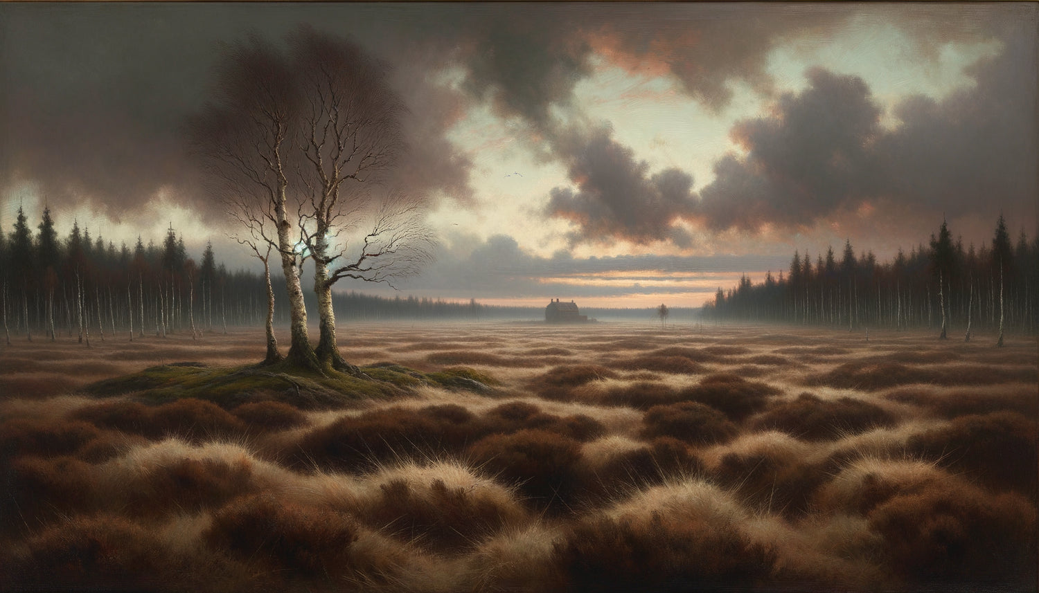 Paysage de tourbières allemandes style École de Worpswede, palette terreuse, atmosphère mystique nordique 1900