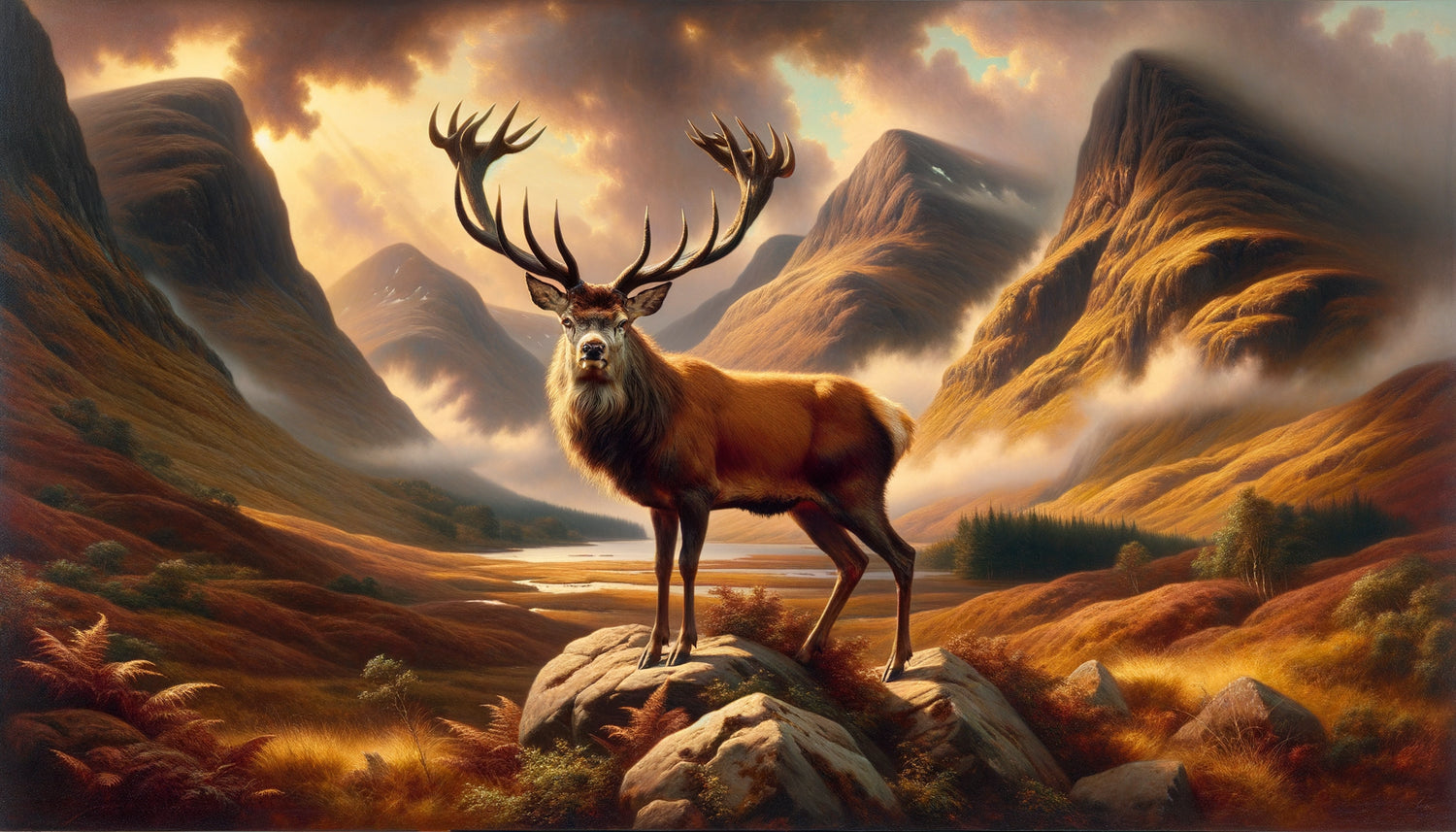 Peinture de cerf majestueux dans un paysage alpin dramatique, style Edwin Landseer, esthétique romantique victorienne XIXe siècle