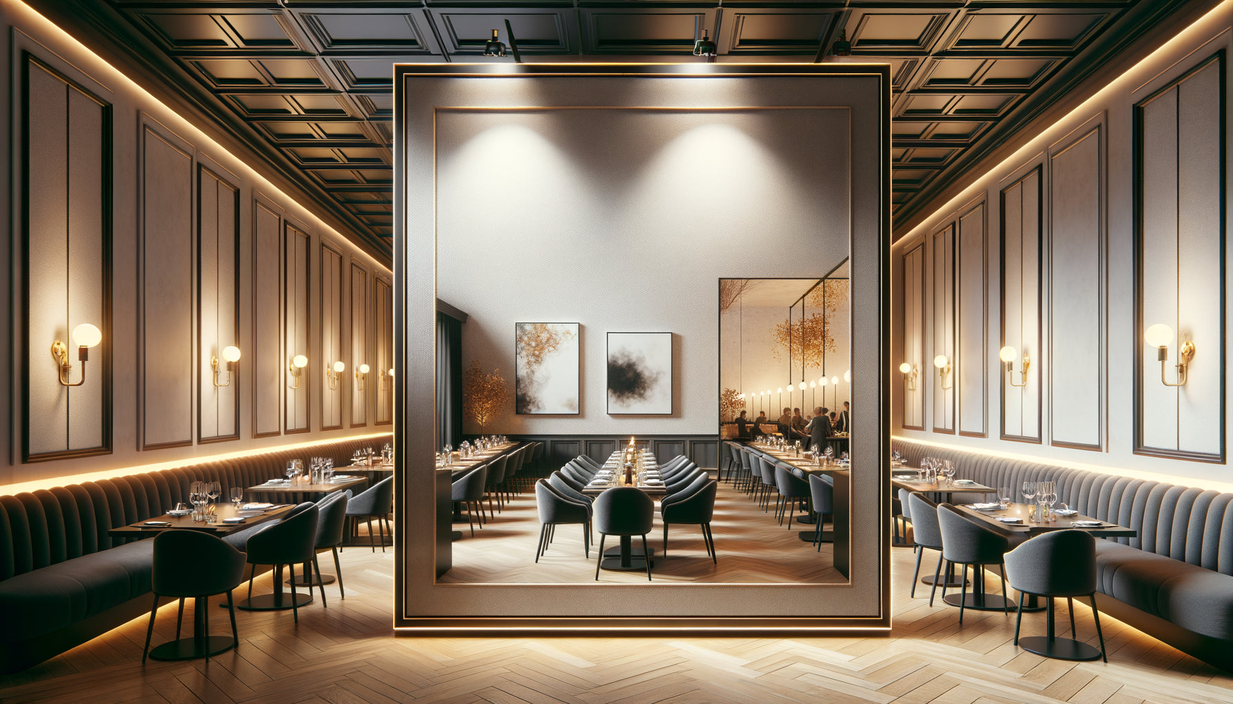 Vue latérale d'un tableau à châssis épais créant l'effet flottant sur mur de restaurant contemporain avec éclairage dramatique