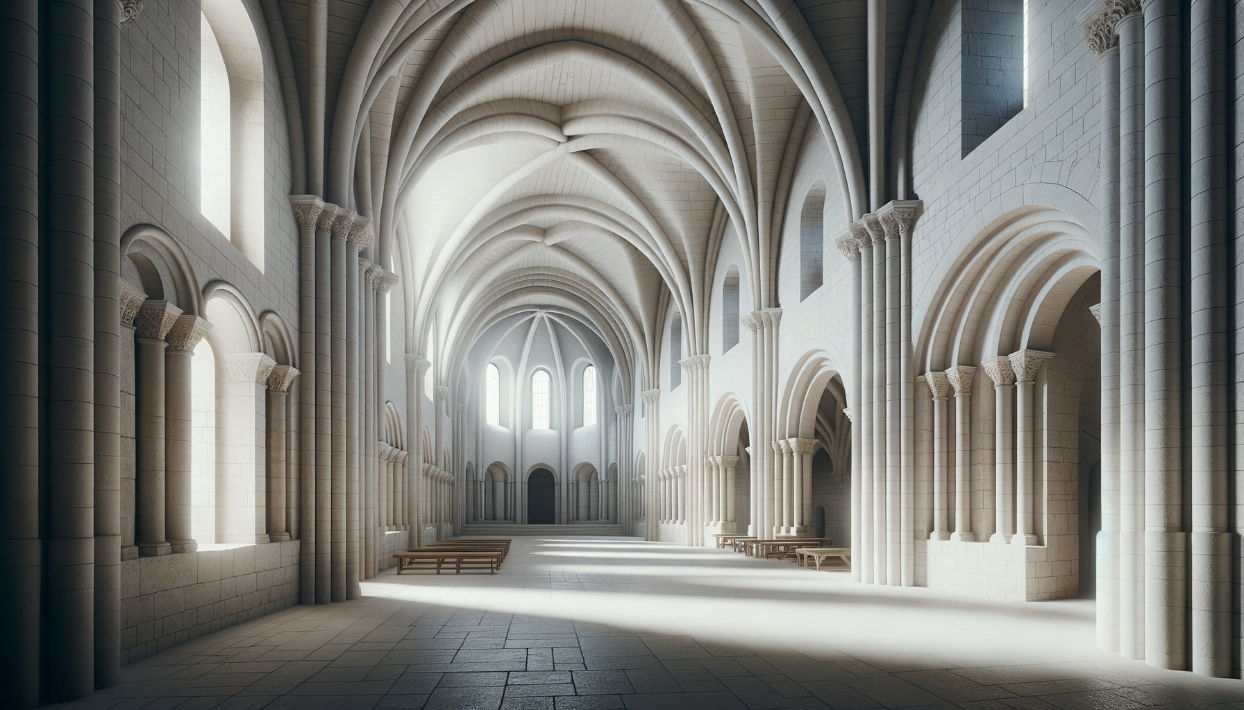 Intérieur d'église cistercienne du XIIe siècle aux murs blancs dépouillés, éclairée par la lumière naturelle selon la philosophie de Bernard de Clairvaux