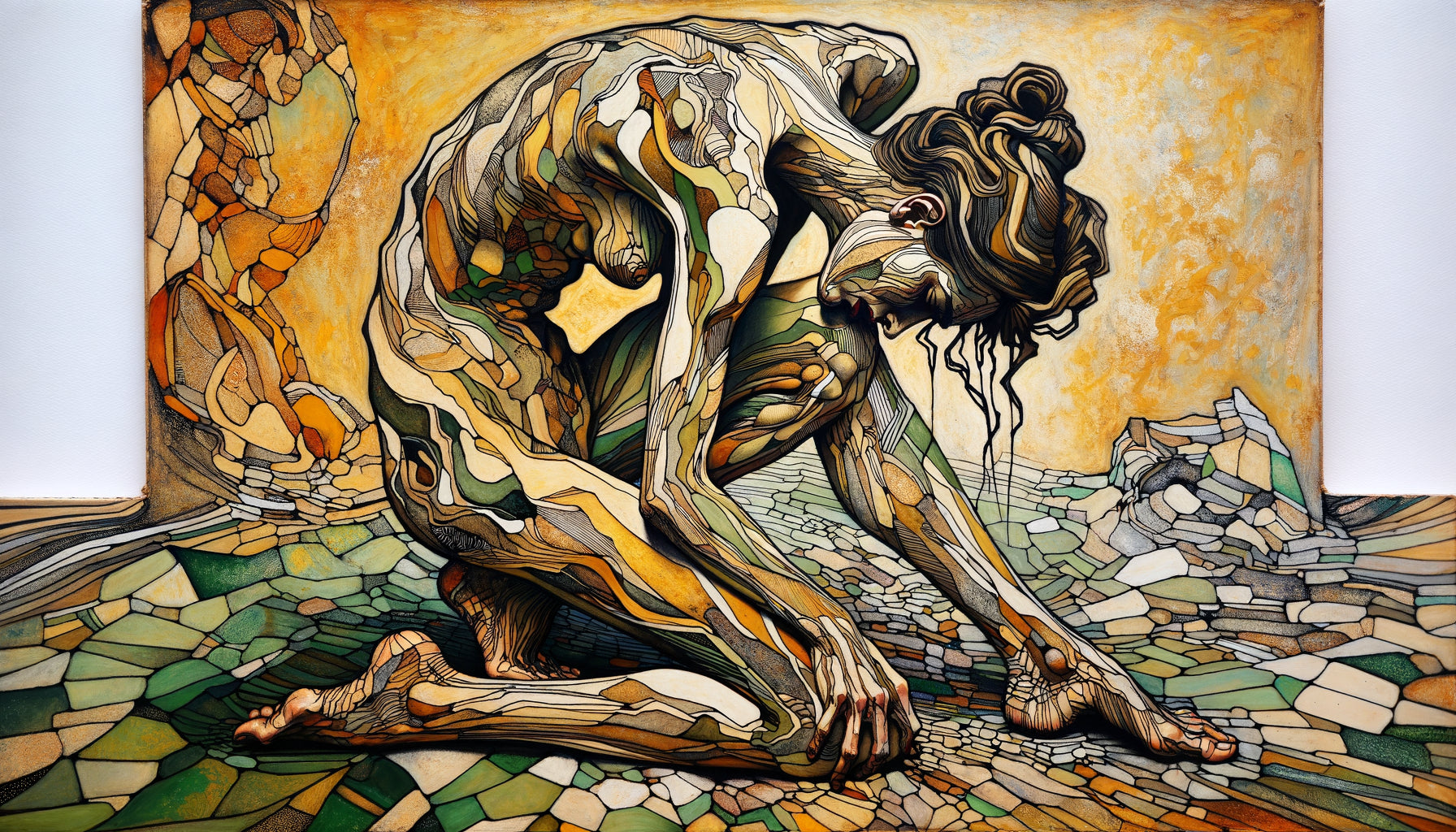 Œuvre expressionniste dans le style caractéristique d'Egon Schiele avec lignes anguleuses et palette maladive typique de l'expressionnisme viennois
