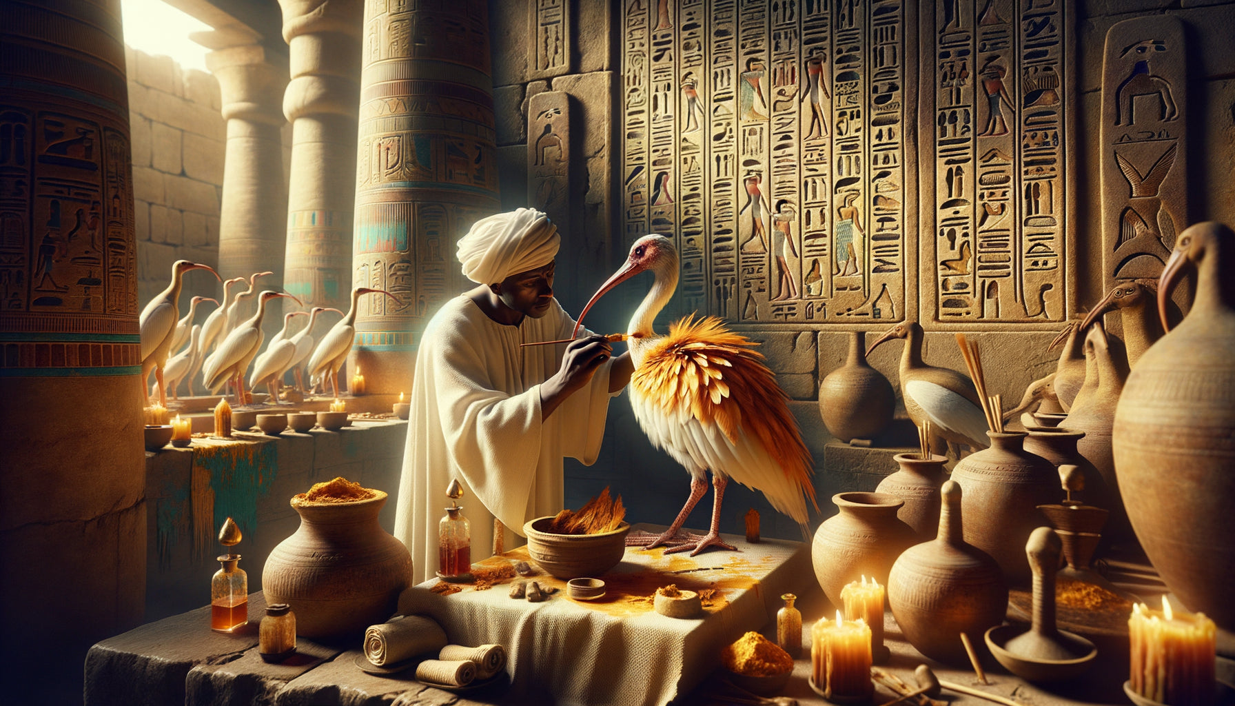 Prêtre égyptien antique appliquant de la teinture au henné sur les plumes d'un ibis sacré momifié