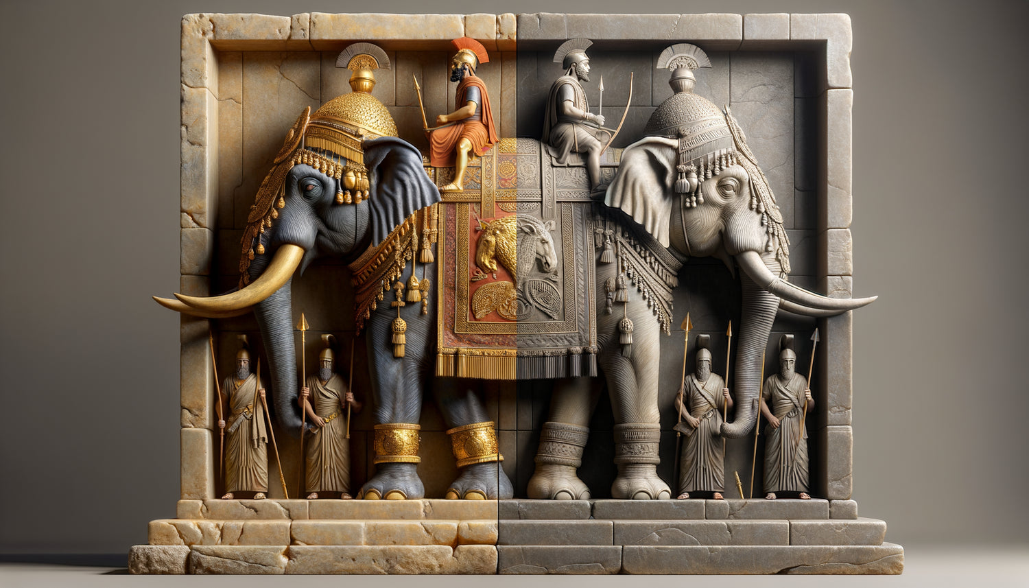 Relief antique comparant éléphant de guerre indien orné et éléphant carthaginois d'Hannibal, art gréco-romain, iconographie militaire