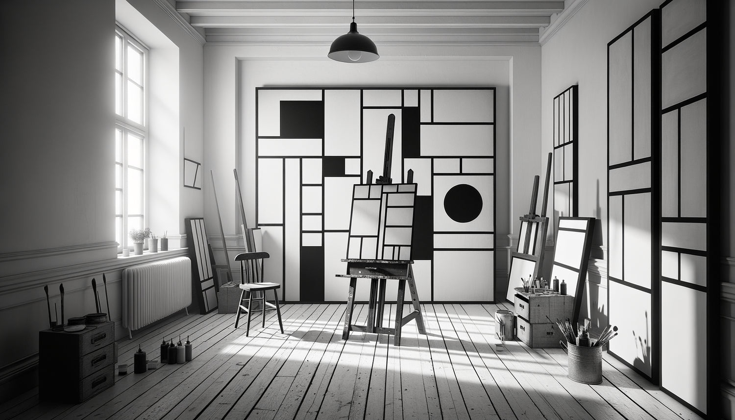 Atelier parisien années 1950 avec panneaux géométriques noirs et blancs d'Ellsworth Kelly, minimalisme radical et abstraction pure