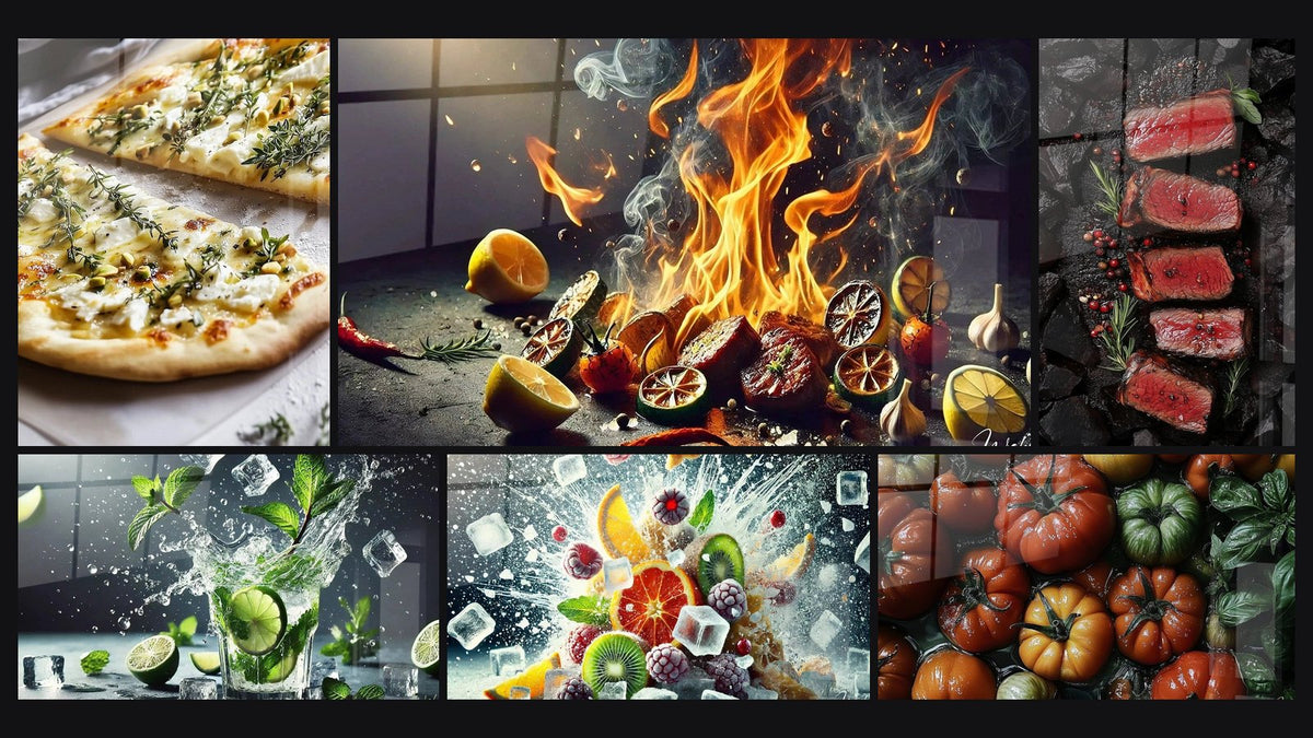 Mosaic of six paintings, including Dynamic Freshness, Icy Cocktail and Aromatic Flames