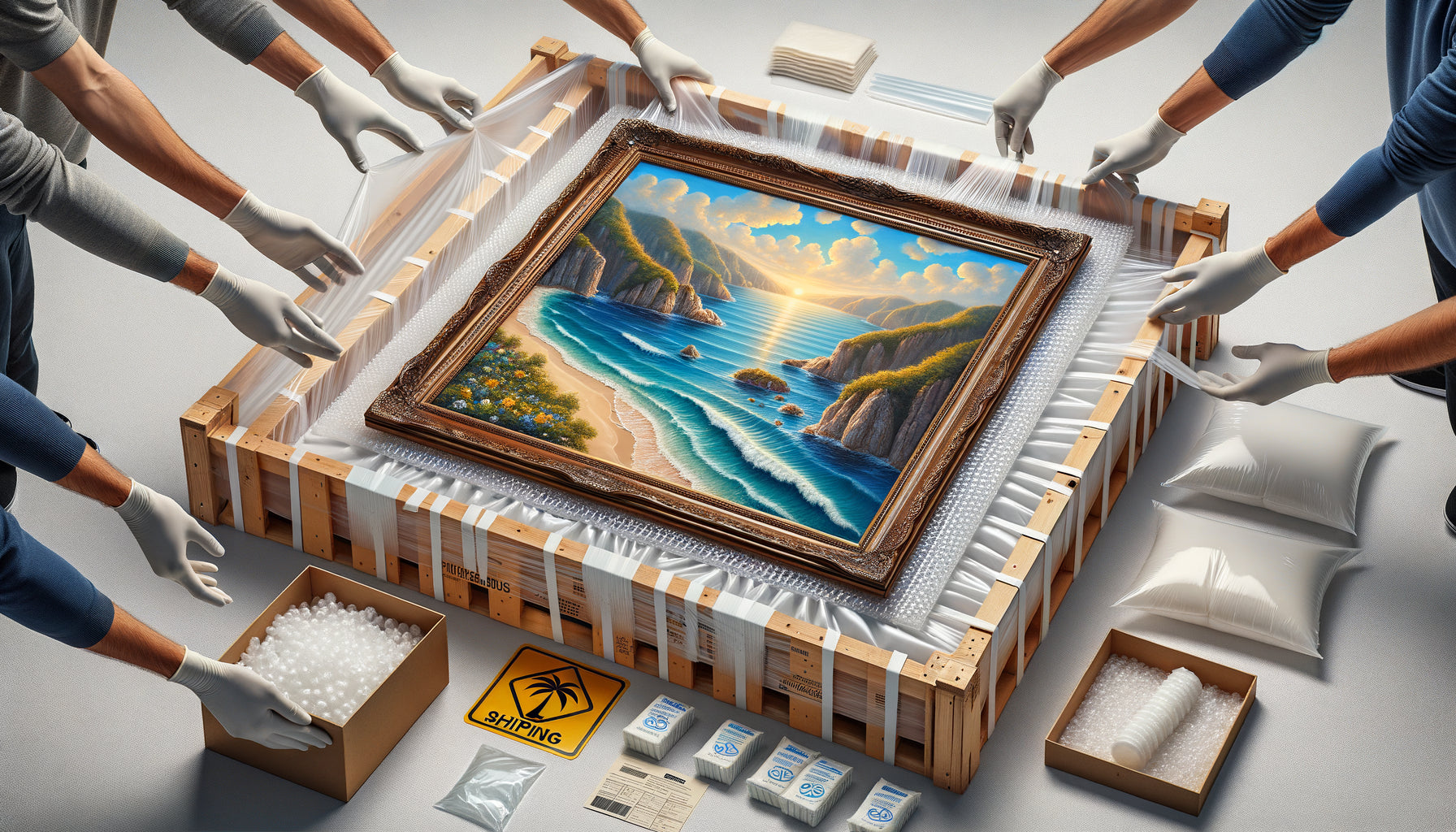 Emballage professionnel d'un tableau avec protection anti-humidité multicouche et isolation thermique pour expédition tropicale