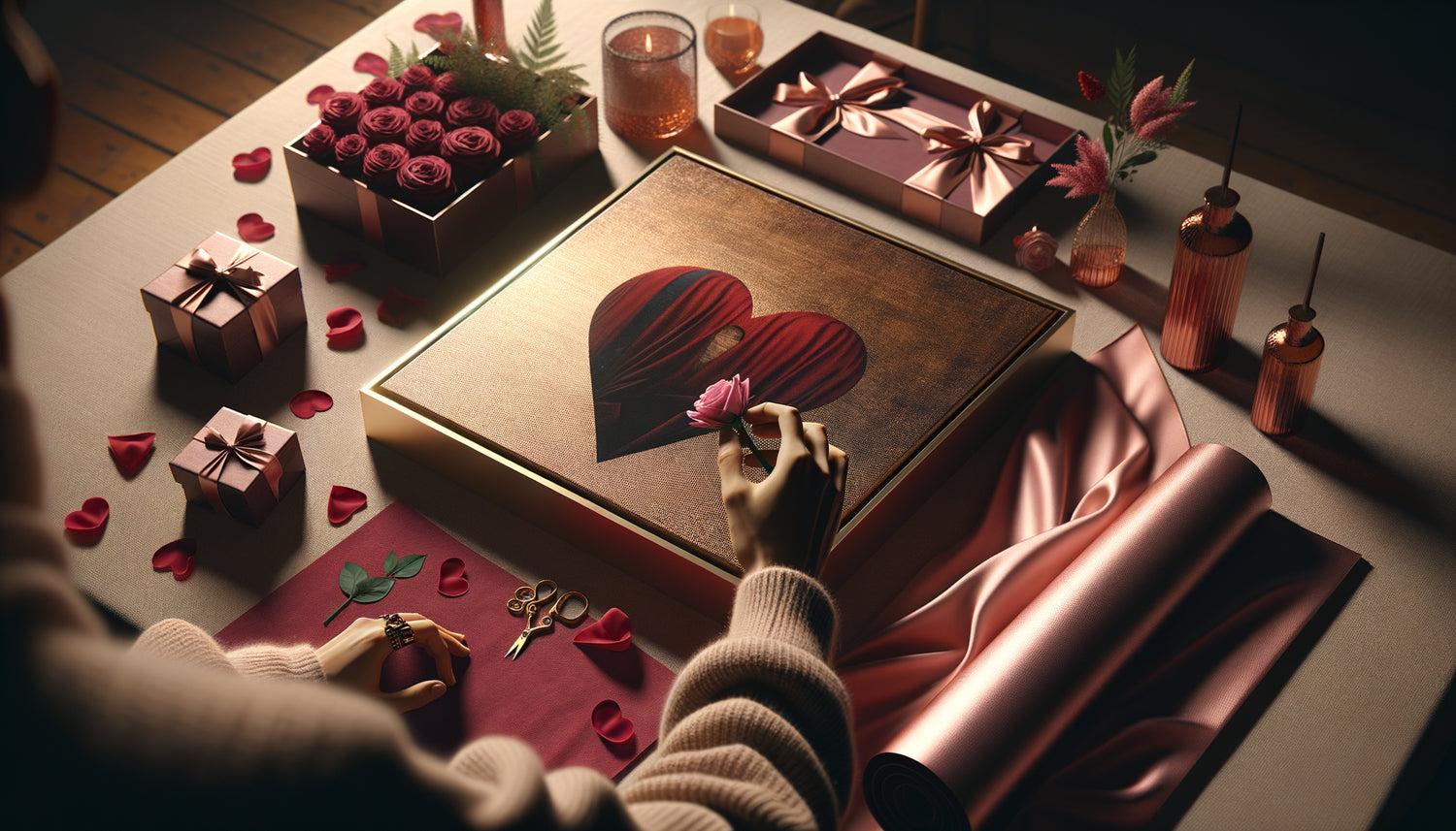 Emballage élégant d'un tableau pour la Saint-Valentin avec papier rose doré, rubans de soie et pétales de roses