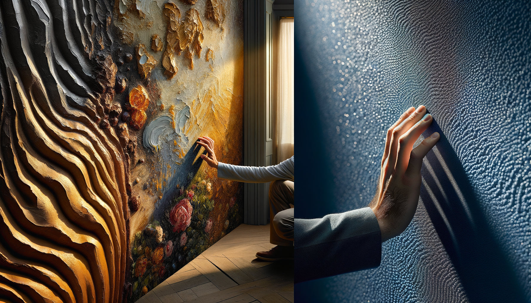 Contraste entre empâtements texturés épais et surface lisse sur mur de couloir, éclairage tactile dramatique