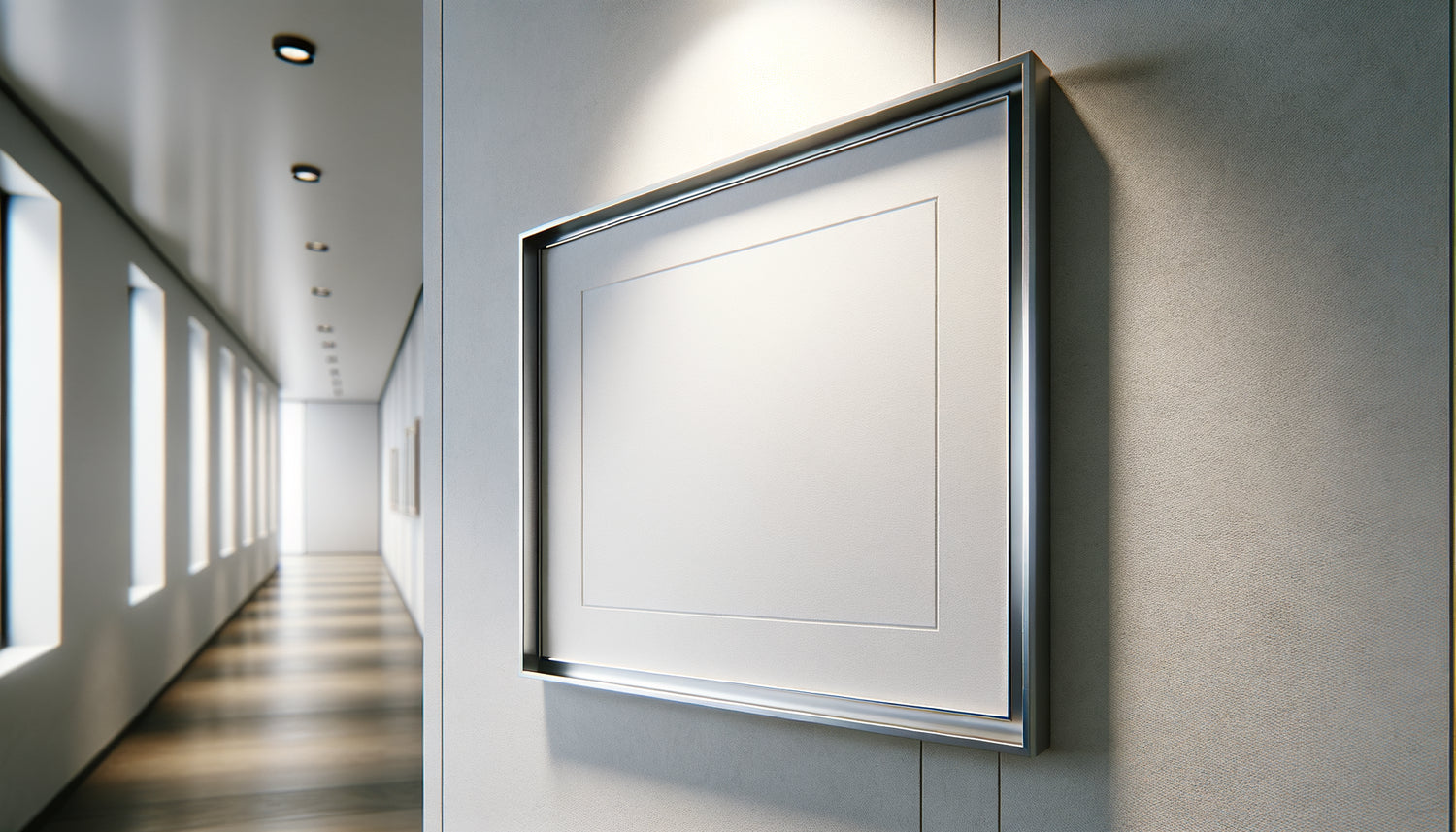 Cadre léger en aluminium brossé monté sur cloison placo dans couloir contemporain avec système d'accrochage flottant