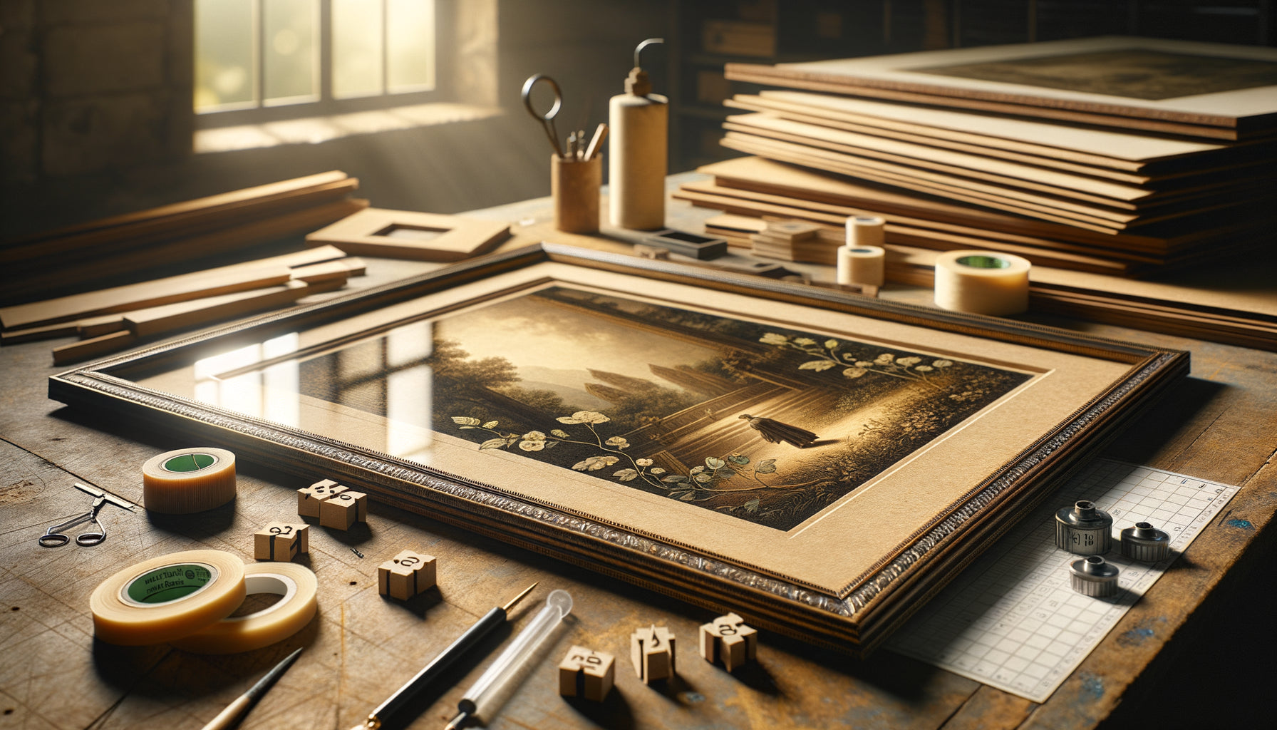 Lithographie ancienne de brocante avec matériaux d'encadrement musée : verre anti-UV, passe-partout sans acide et outils de conservation professionnels