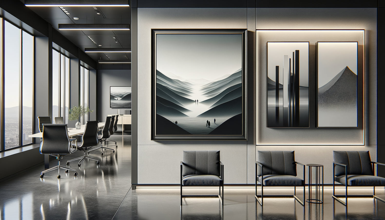 Trois types d'encadrement professionnel : caisse américaine, profil fin et verre musée pour environnements corporatifs exigeants