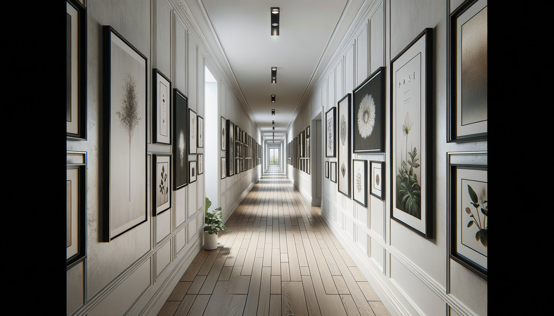 Couloir moderne avec galerie de cadres noirs mats uniformes créant une cohérence visuelle sur plusieurs mètres