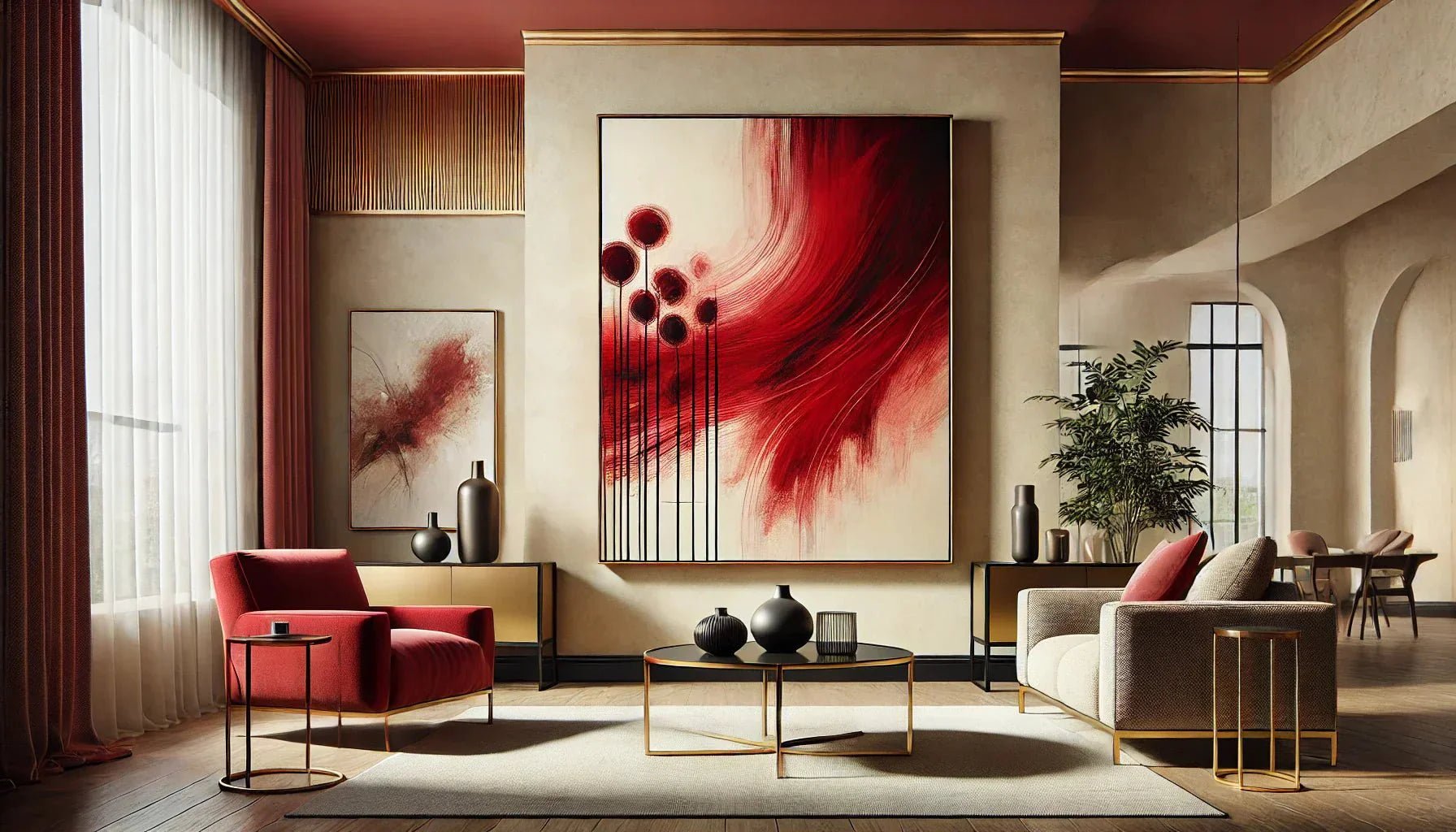 Encadrement élégant d’un tableau abstrait rouge mettant en valeur ses nuances carmin et bordeaux dans un intérieur moderne et harmonieux.