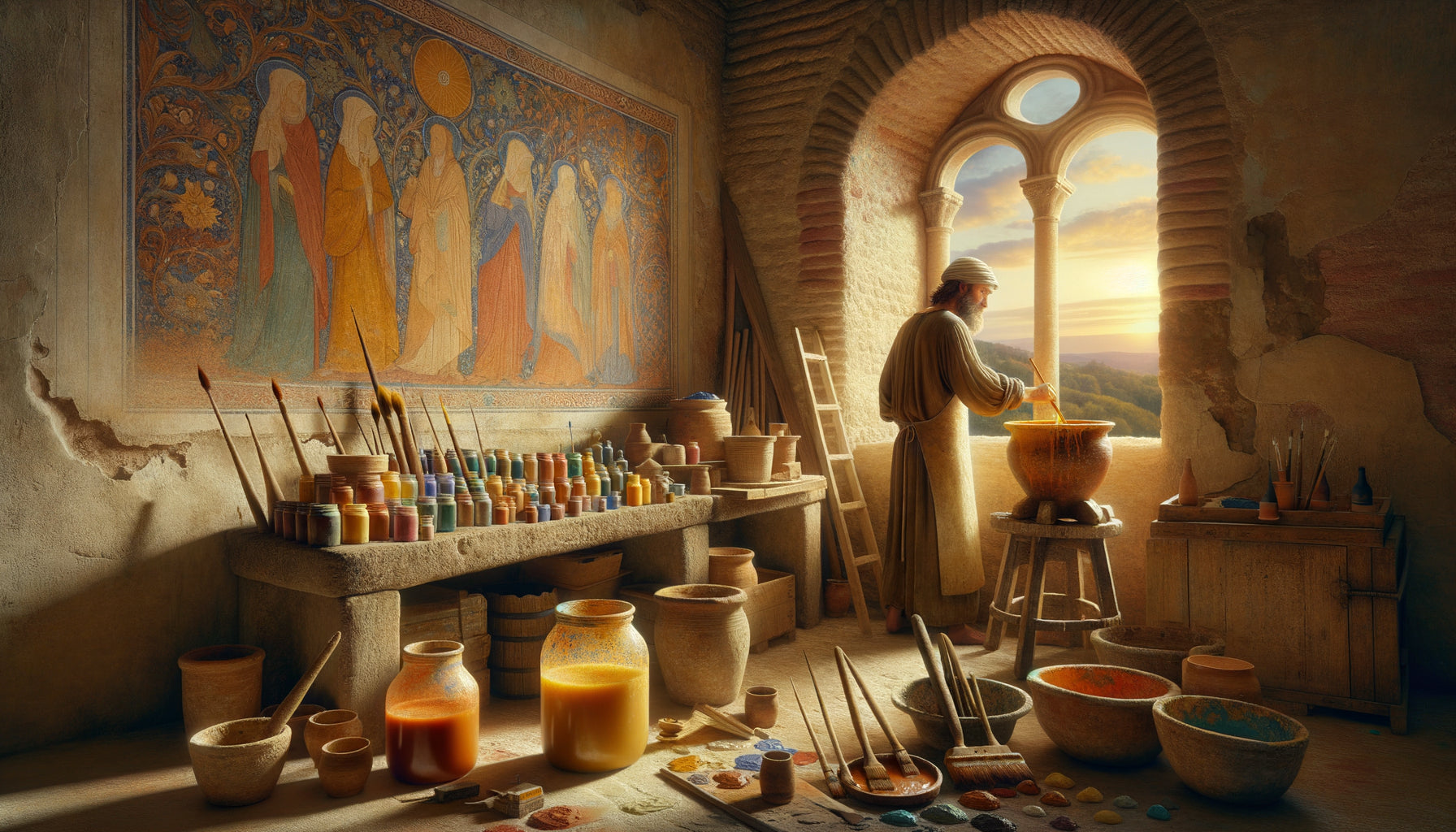 Atelier médiéval de fresquiste préparant enduit mural avec jus fruits fermentés et pigments naturels, technique ancestrale authentique