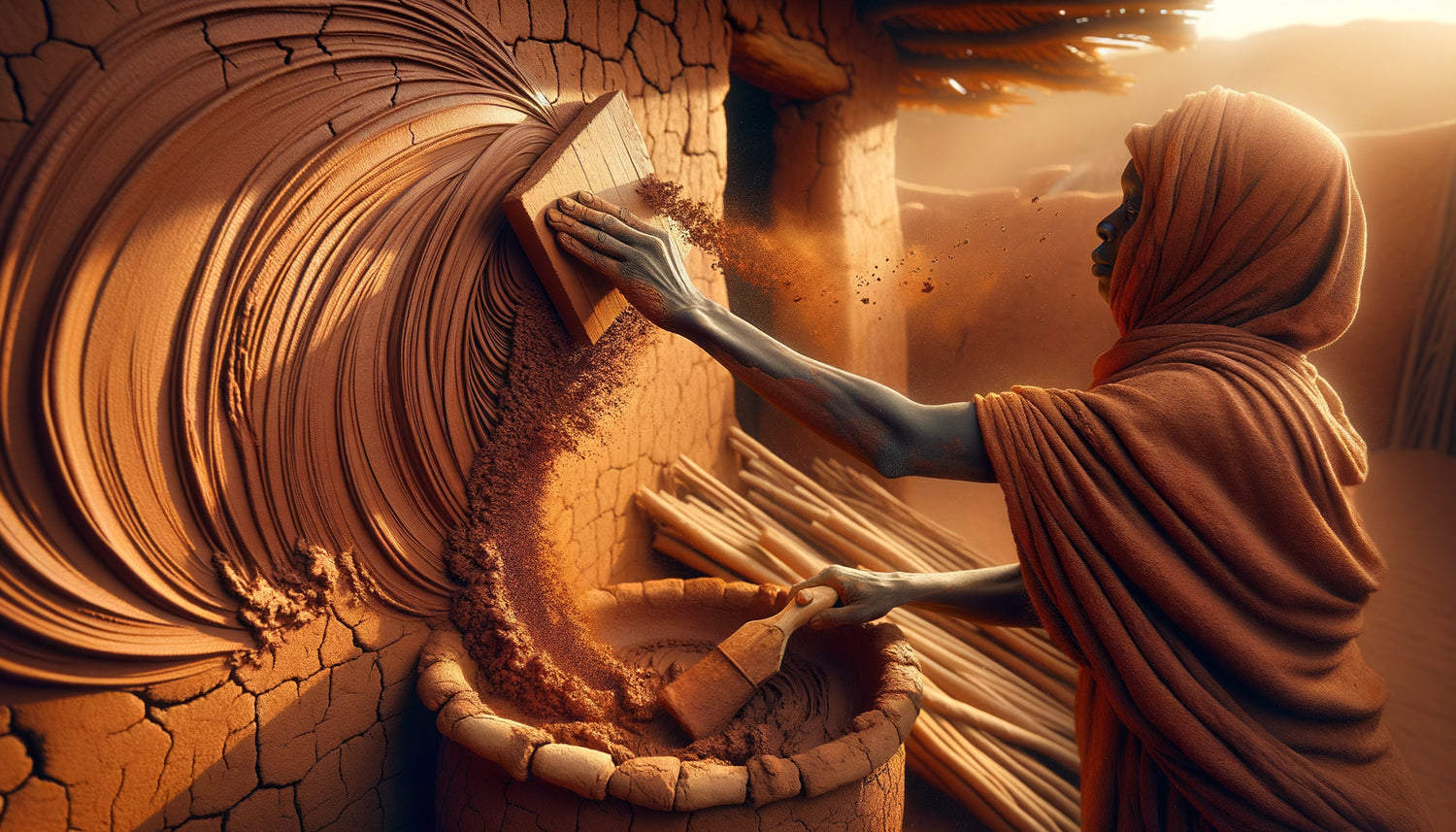 Application traditionnelle d'enduit à l'argile latéritique sur mur de terre au Sahel africain