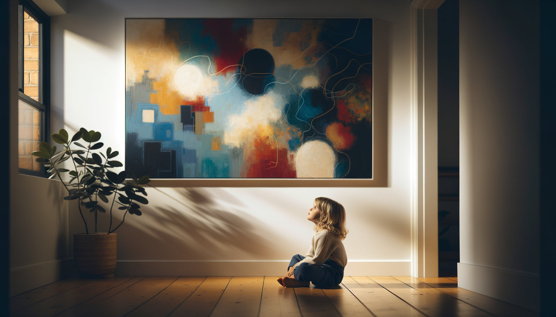 Jeune enfant contemplant une œuvre d'art abstraite colorée dans un salon familial chaleureux