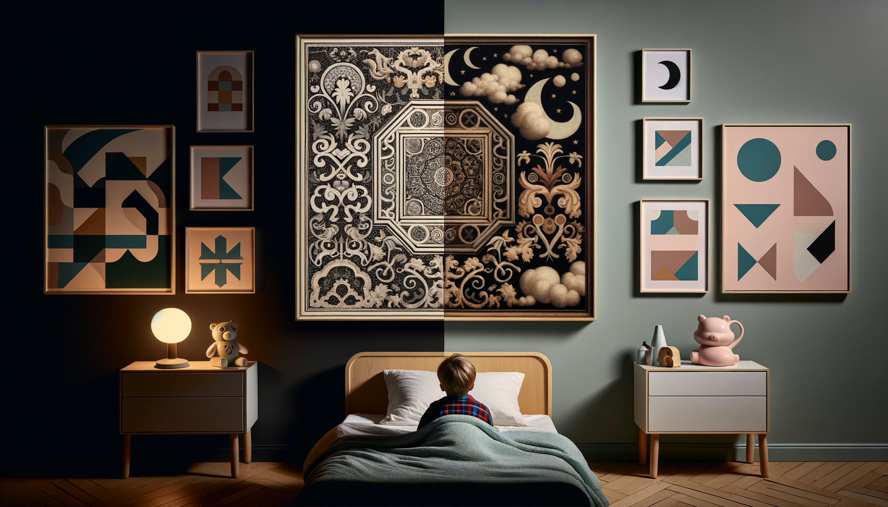 Comparaison chambre enfant : tableau détaillé anxiogène versus décoration murale épurée apaisante avec formes simples