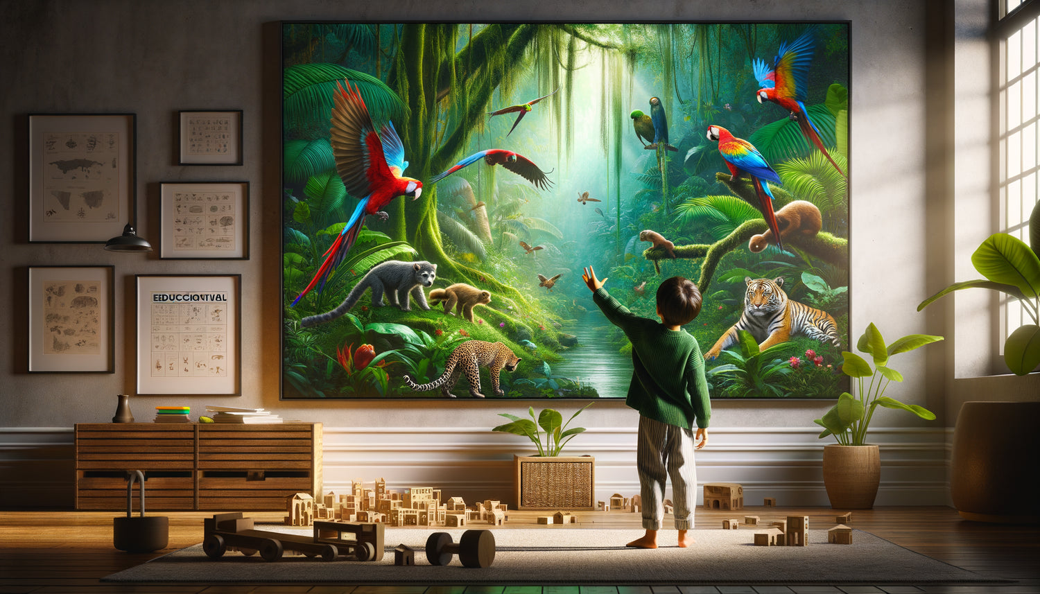 Enfant émerveillé devant un grand tableau de jungle tropicale dans sa chambre, éveil à la nature