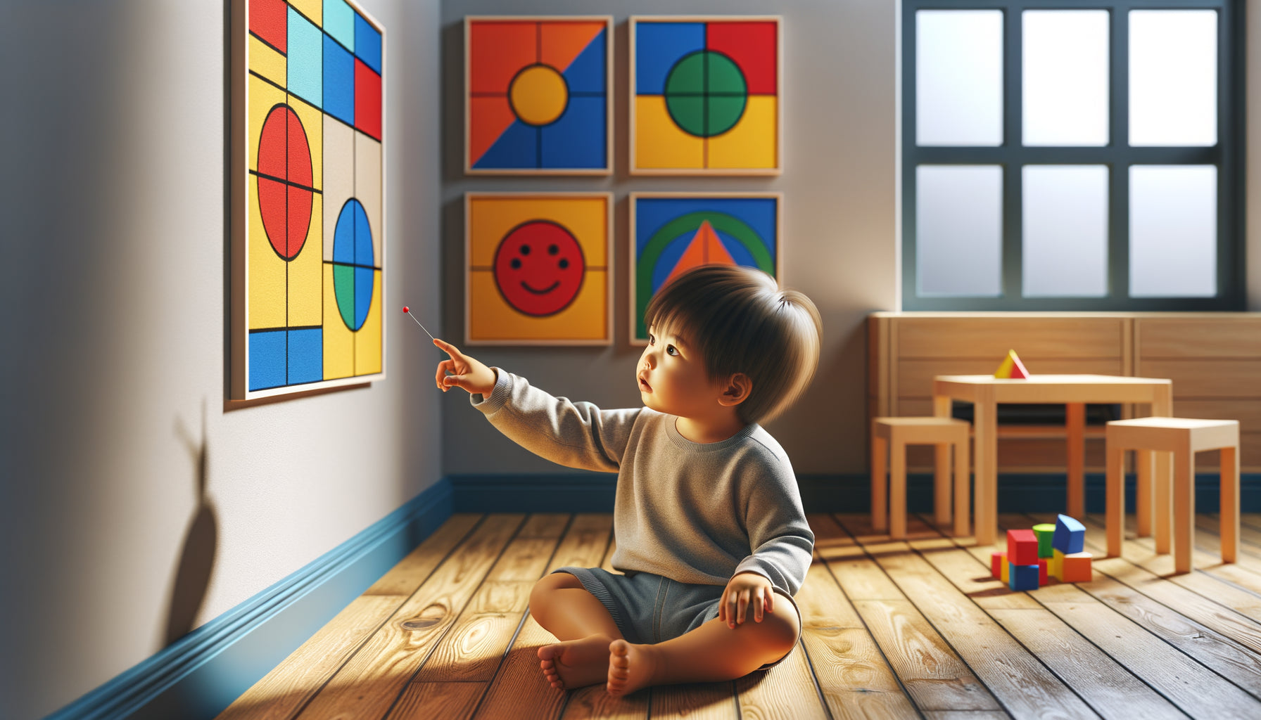 Jeune enfant captivé par des tableaux aux couleurs vives primaires stimulant son développement visuel